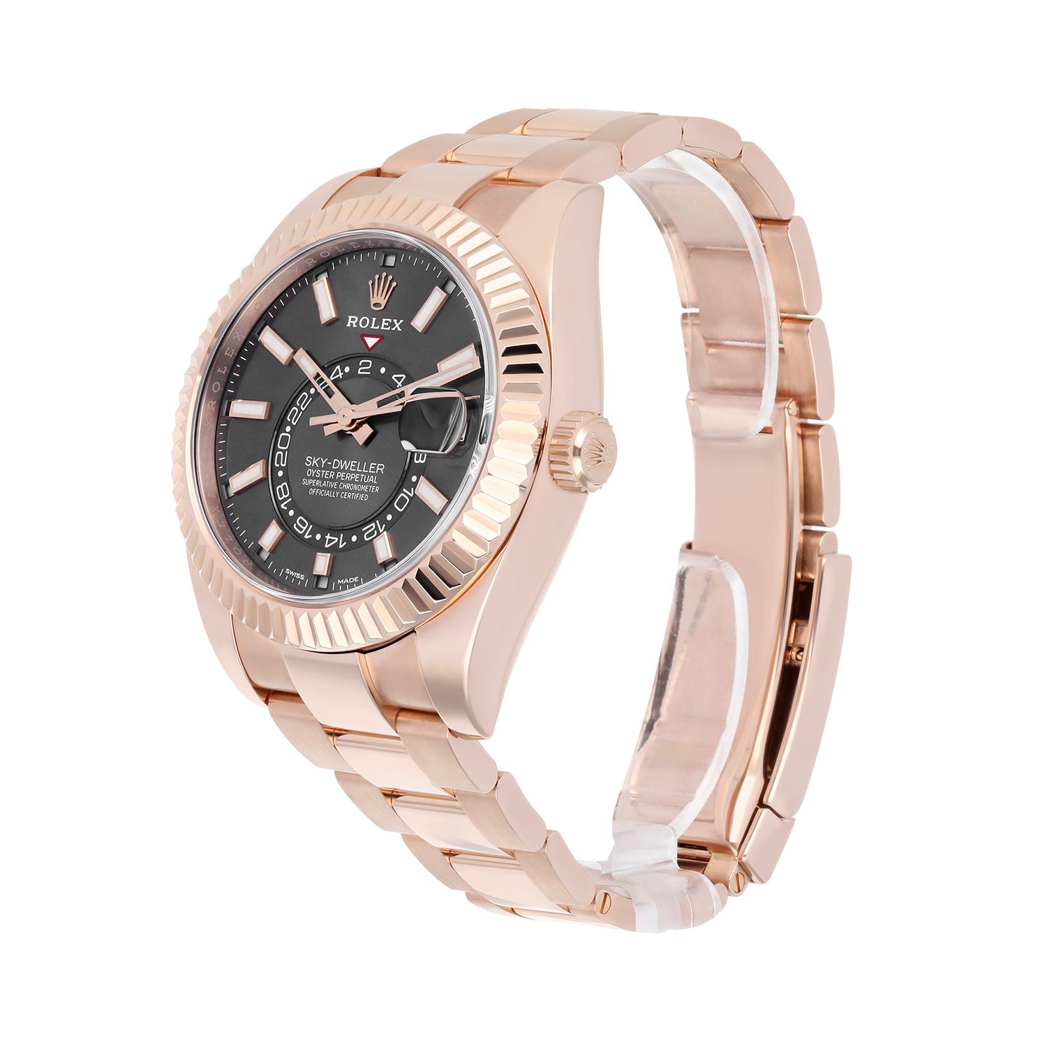 Modern Rolex Sky-Dweller 42mm Everose Gold Watch Rhodium Dial Oyster Bracelet 326935 For Sale