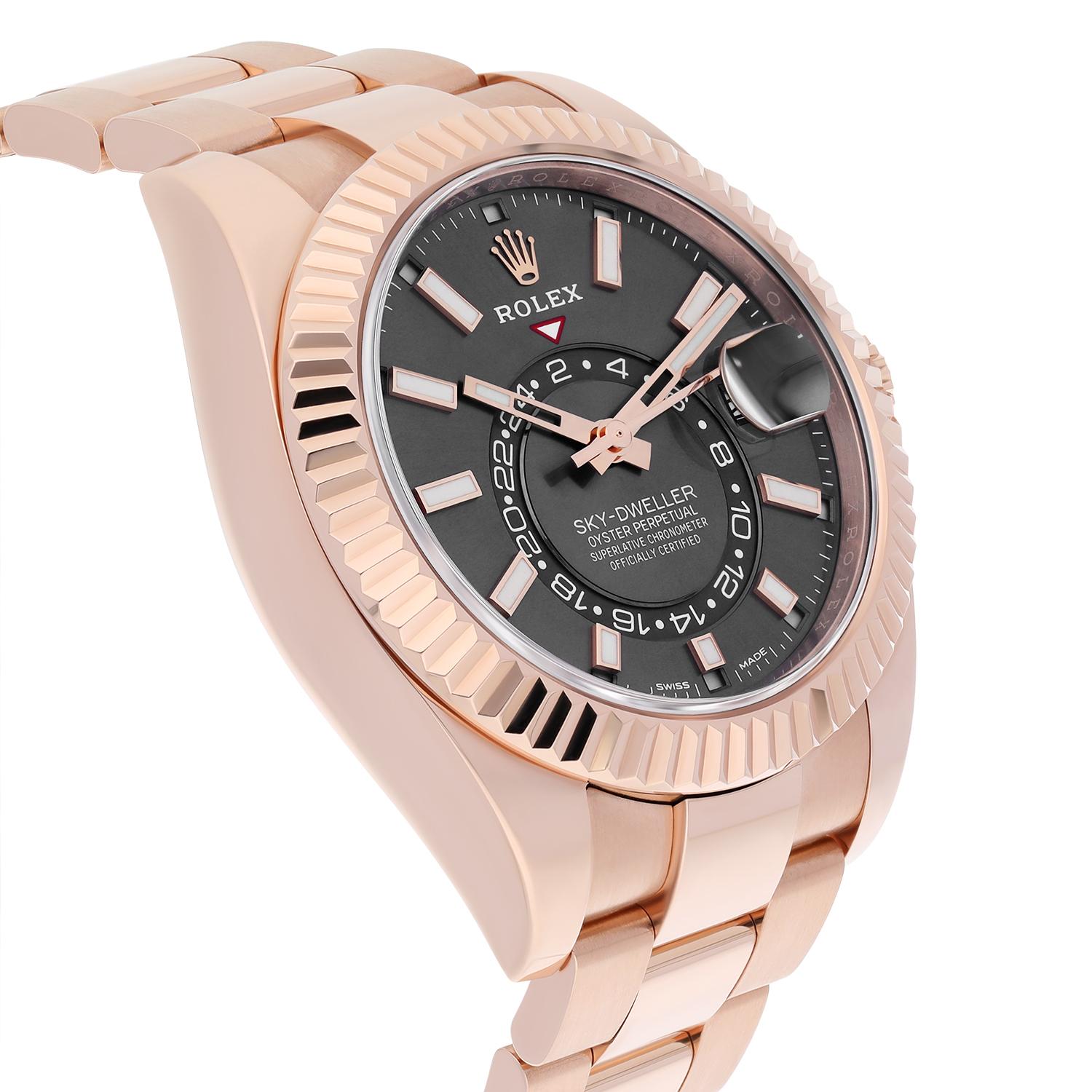 Men's Rolex Sky-Dweller 42mm Everose Gold Watch Rhodium Dial Oyster Bracelet 326935