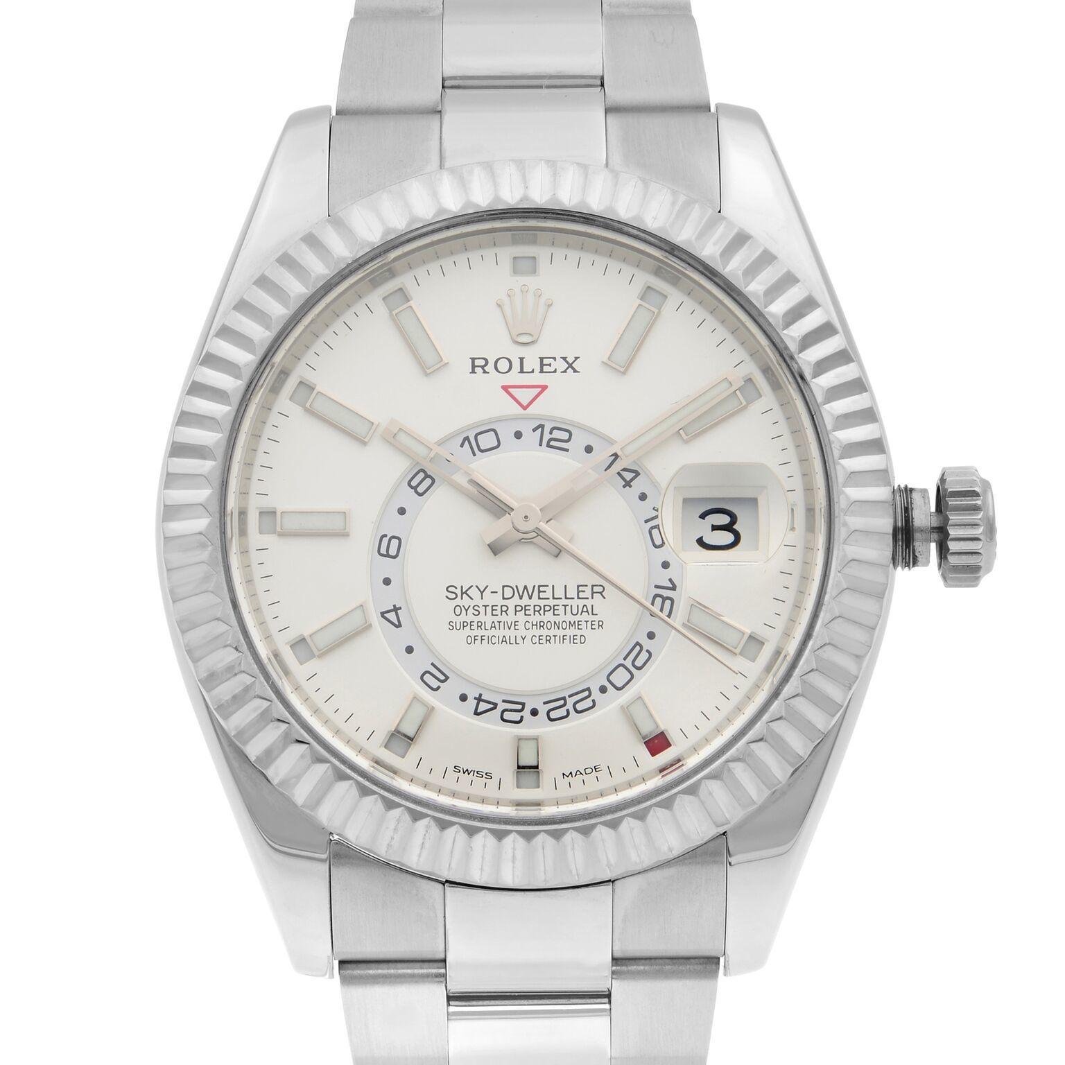 Pre-owned Rolex Sky-Dweller 42mm Edelstahl weißes Zifferblatt automatische Herren Oyster Uhr 326934. Dieser schöne Zeitmesser wird von einem mechanischen (automatischen) Uhrwerk angetrieben und verfügt über: Rundes Edelstahlgehäuse mit Oyster