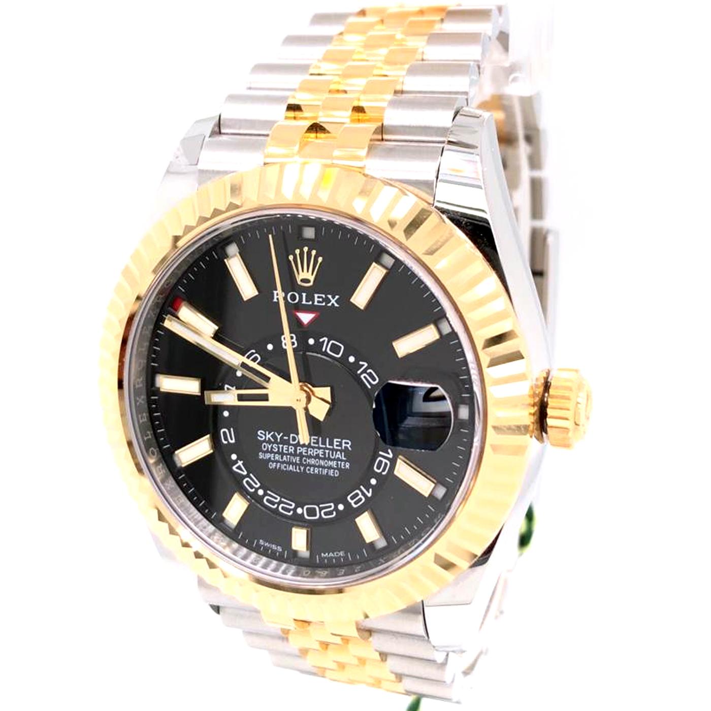 The Oyster Perpetual Sky-Dweller in Oystersteel and Yellow Gold with a Bright Black Dial and a Jubliee Bracelet. This Distinctive Watch Is Characterized by Its Second Time Zone Display on an Off-Centre Disc on the Dial. Furthermore, Its Innovative