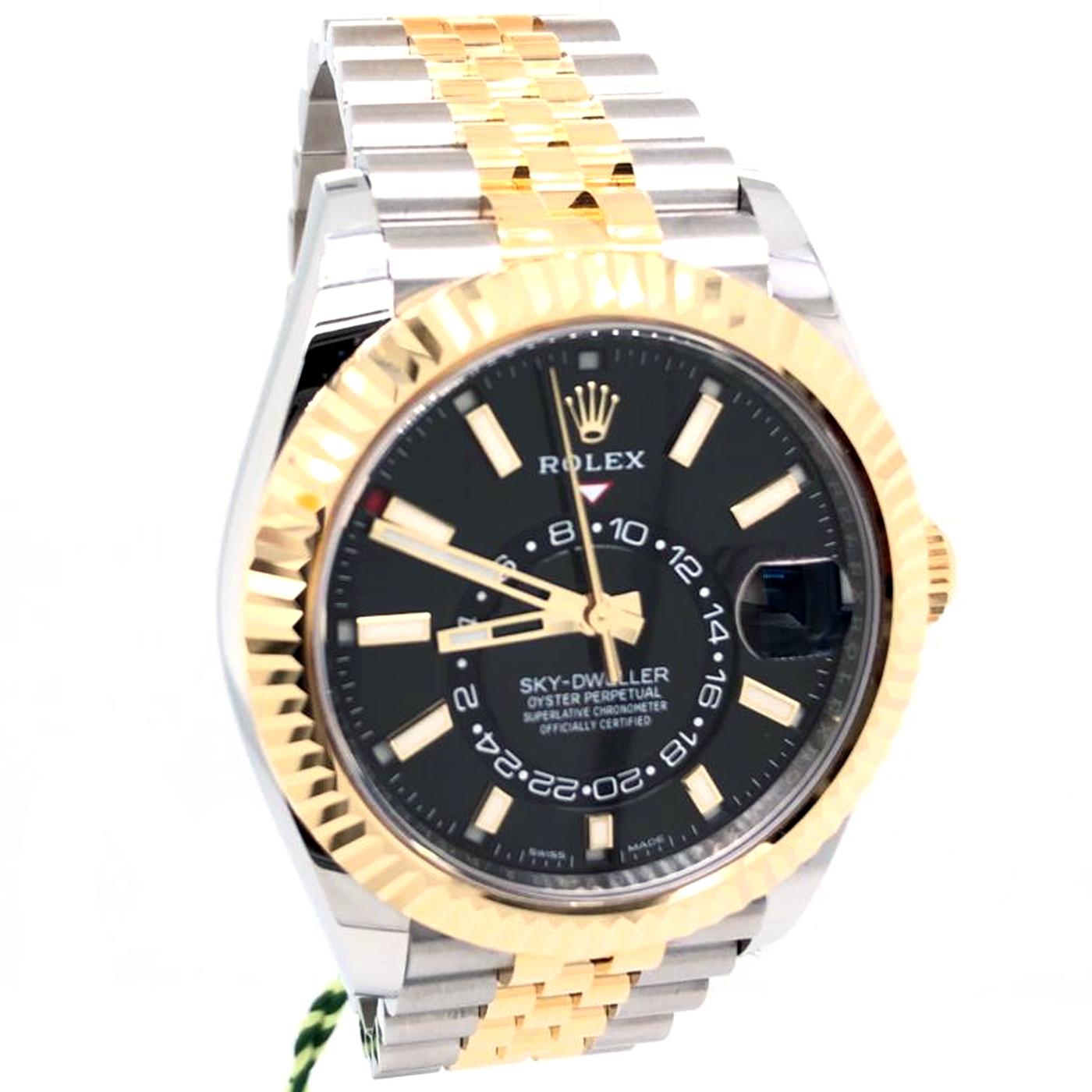 Rolex Sky-Dweller Two Tone Black & Yellow Gold Dial Jubilee Watch 326933 In New Condition In Aventura, FL