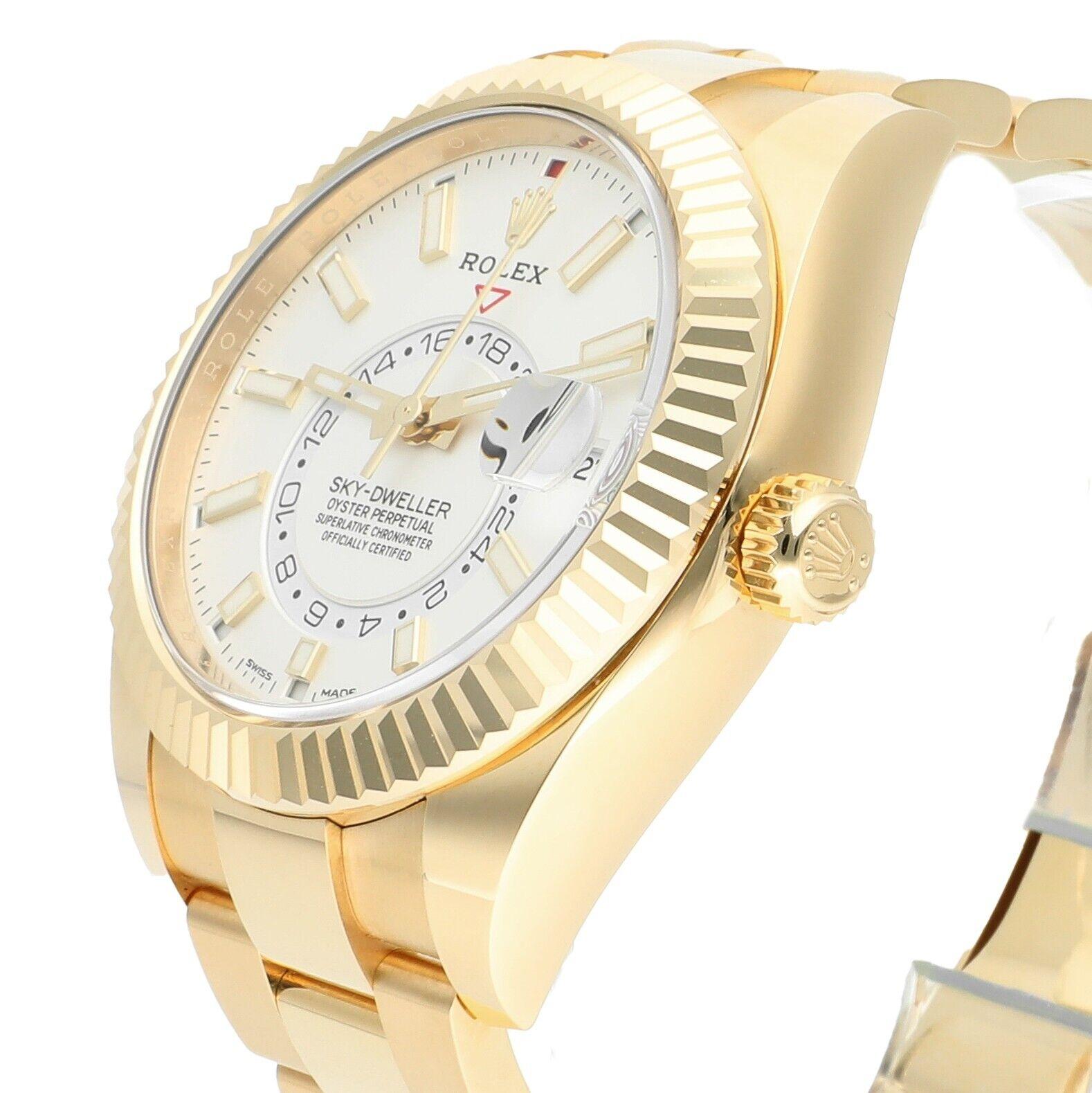 Rolex Sky-Dweller 42mm White Dial 18K Yellow Gold 326938 BOX & PAPERS In Excellent Condition For Sale In New York, NY