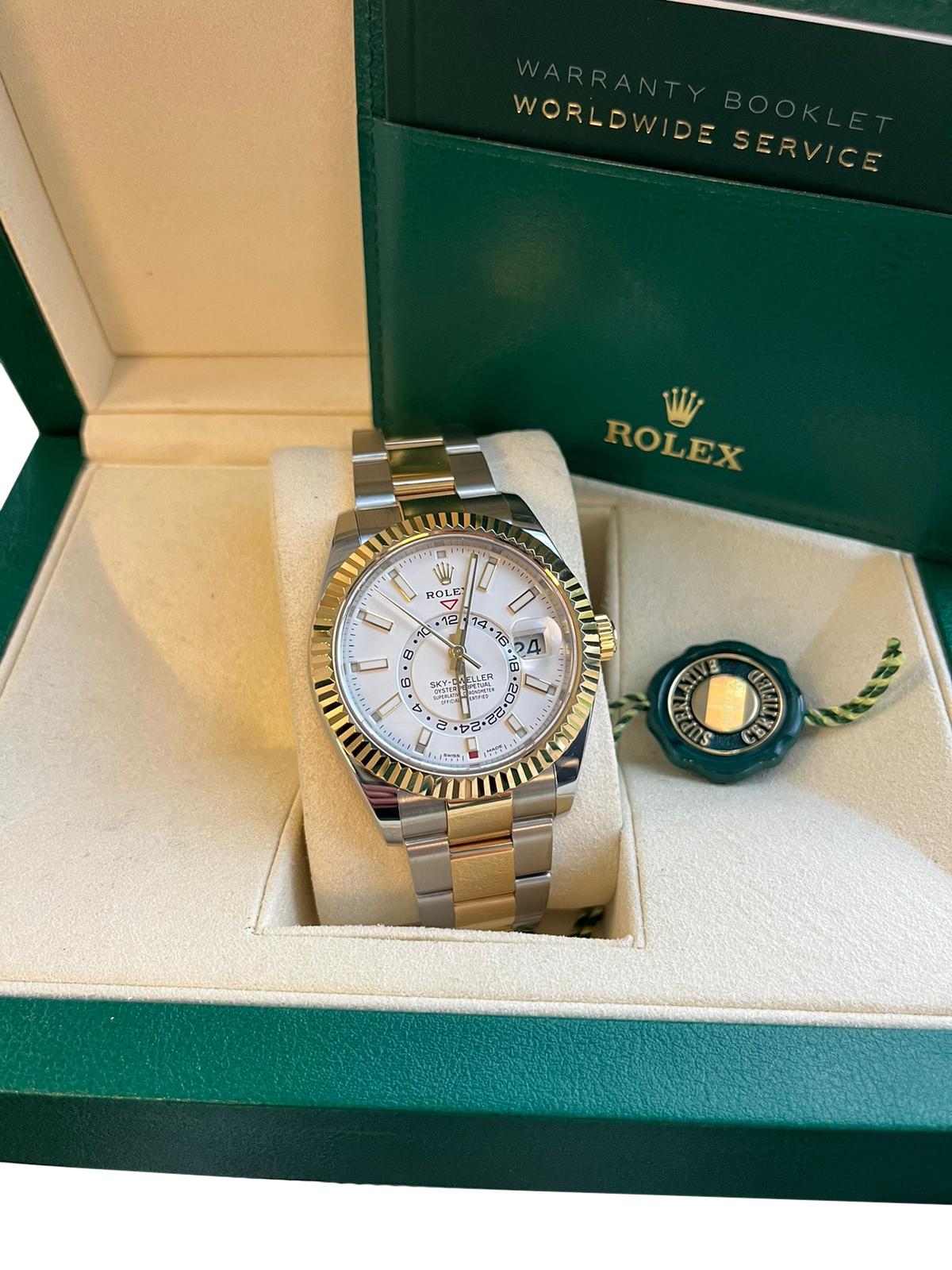Modernist Rolex Sky-Dweller Automatic Steel Yellow Gold White Dial Bracelet Watch 326933 For Sale