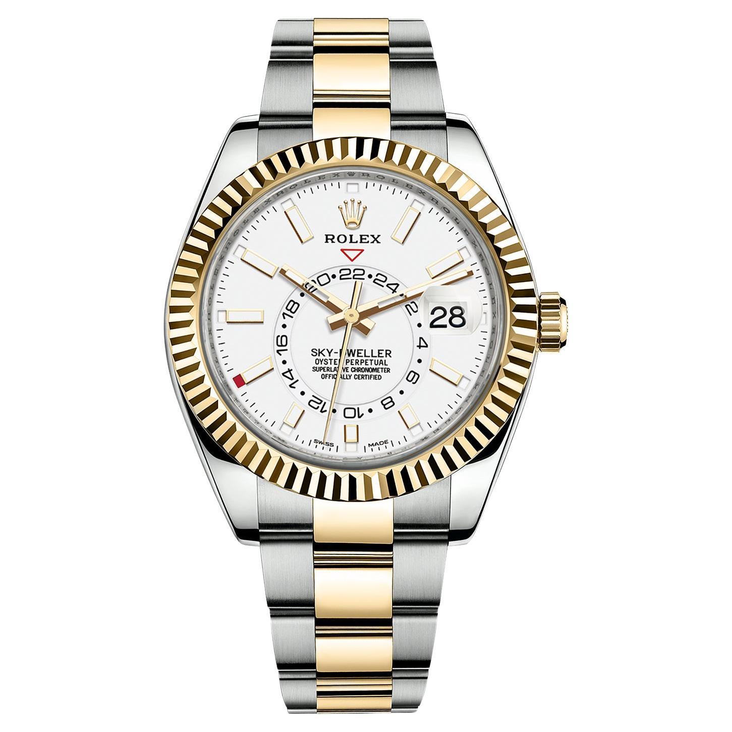 Rolex Montre Sky-Dweller avec bracelet automatique en acier, or jaune et cadran blanc 326933 en vente