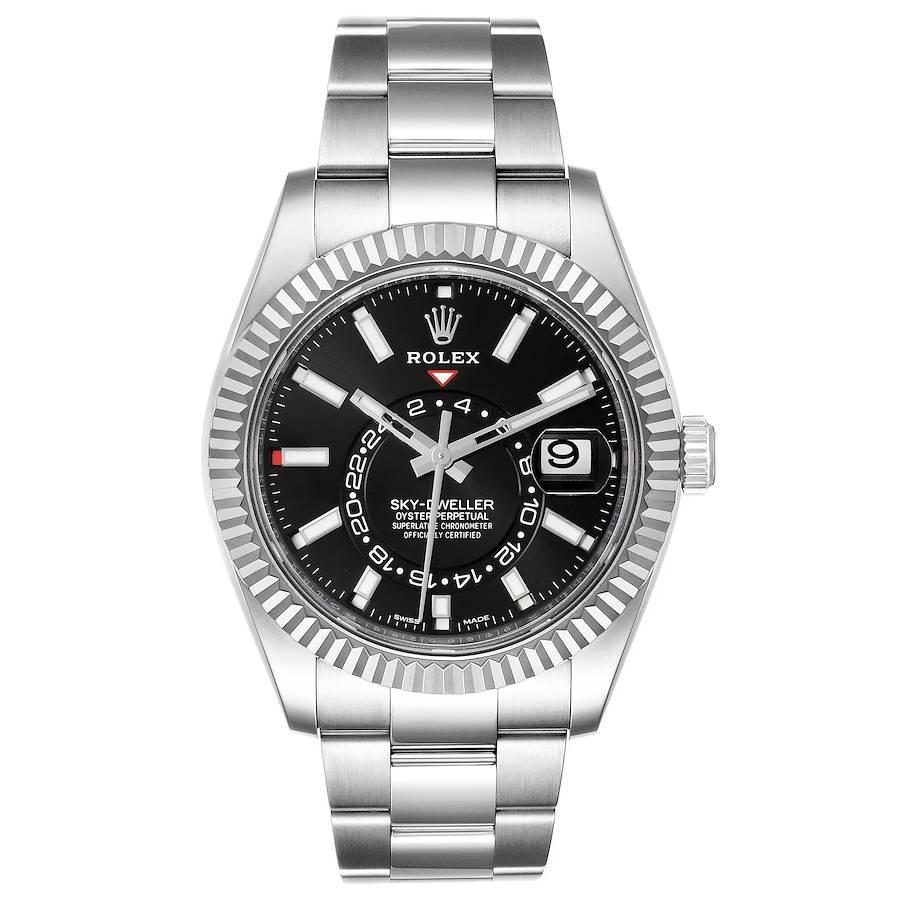 Rolex Sky-Dweller Black Dial Steel White Gold Mens Watch 326934. Officially certified chronometer self-winding movement. Dual time zones, annual calendar. Paramagnetic blue Parachrom hairspring. High-performance Paraflex shock absorbers. Stainless