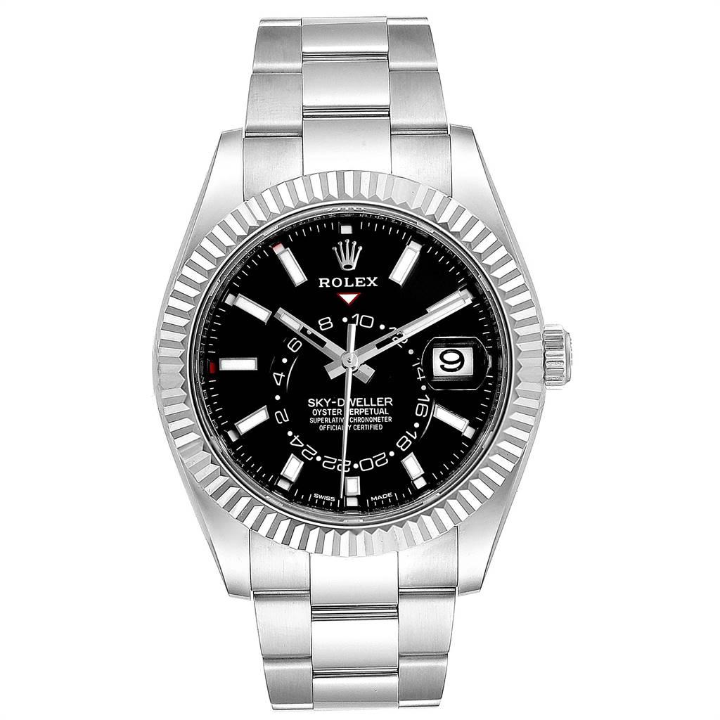 Rolex Sky-Dweller Black Dial Steel White Gold Mens Watch 326934 Unworn. Officially certified chronometer self-winding movement. Dual time zones, annual calendar. Paramagnetic blue Parachrom hairspring. High-performance Paraflex shock absorbers.