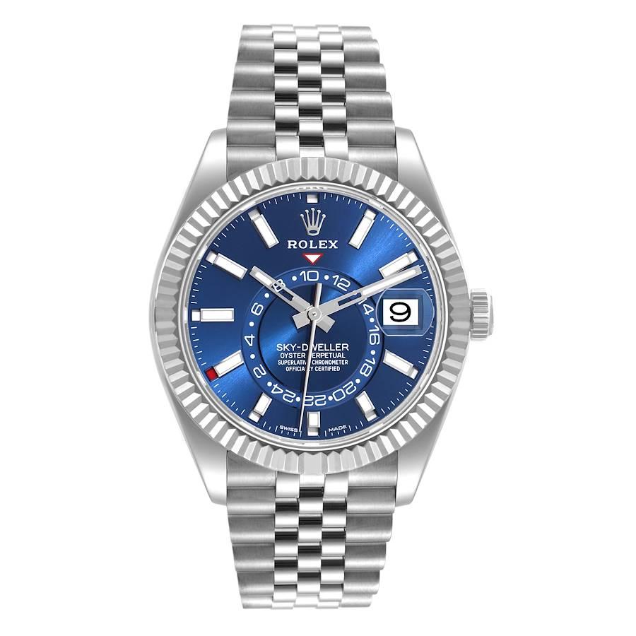 Rolex Sky-Dweller Blue Dial Steel White Gold Mens Watch 326934 Box Card. Officially certified chronometer self-winding movement. Dual time zones, annual calendar. Paramagnetic blue Parachrom hairspring. High-performance Paraflex shock absorbers.