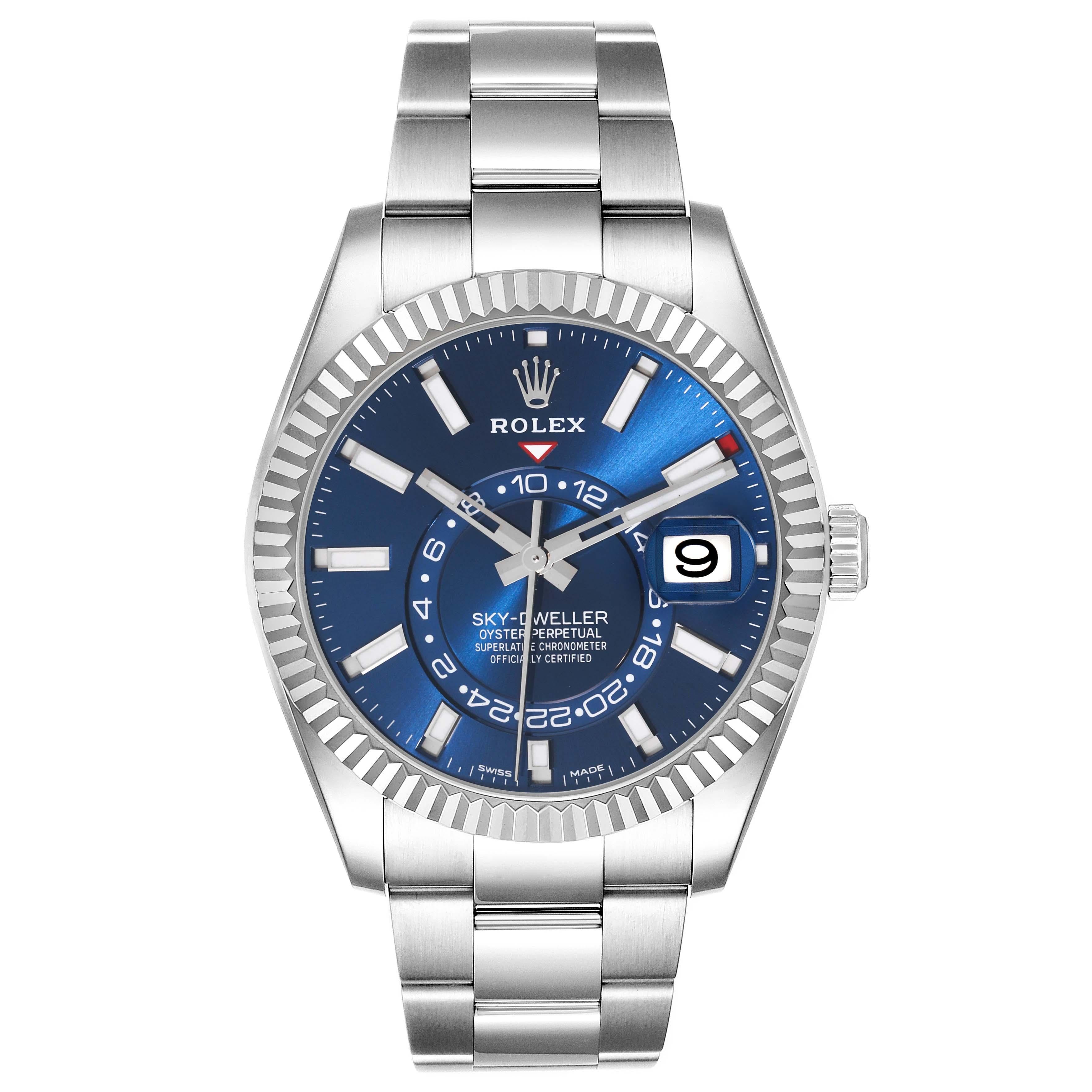 Rolex Sky-Dweller Blue Dial Steel White Gold Mens Watch 326934 Box Card In Excellent Condition For Sale In Atlanta, GA