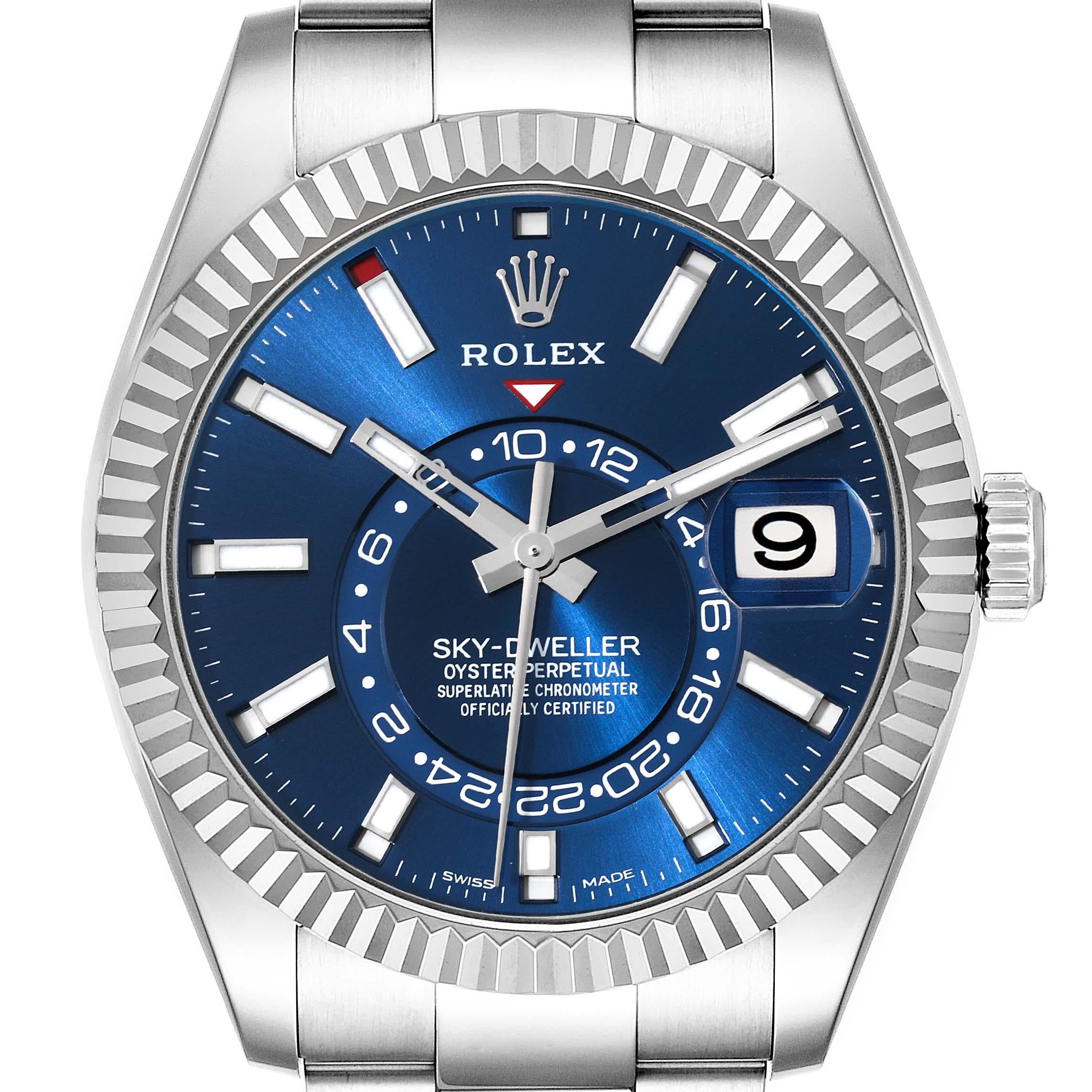 Rolex Sky-Dweller Blue Dial Steel White Gold Mens Watch 326934 Box Card For Sale