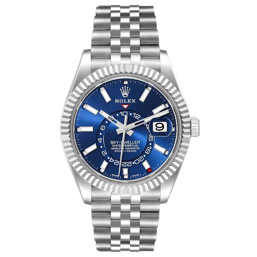 Rolex Sky-Dweller Quadrante Blu Acciaio Oro Bianco Orologio Uomo 326934 Non indossato. Movimento a carica automatica certificato ufficialmente come cronometro. Doppio fuso orario, calendario annuale. Molla paramagnetica Parachrom blu. Ammortizzatori