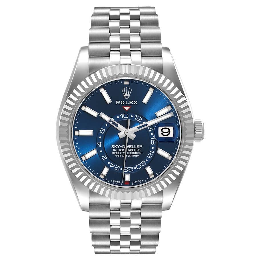 Rolex Sky-Dweller Blue Dial Steel White Gold Mens Watch 326934 Unworn. Officially certified chronometer self-winding movement. Dual time zones, annual calendar. Paramagnetic blue Parachrom hairspring. High-performance Paraflex shock absorbers.
