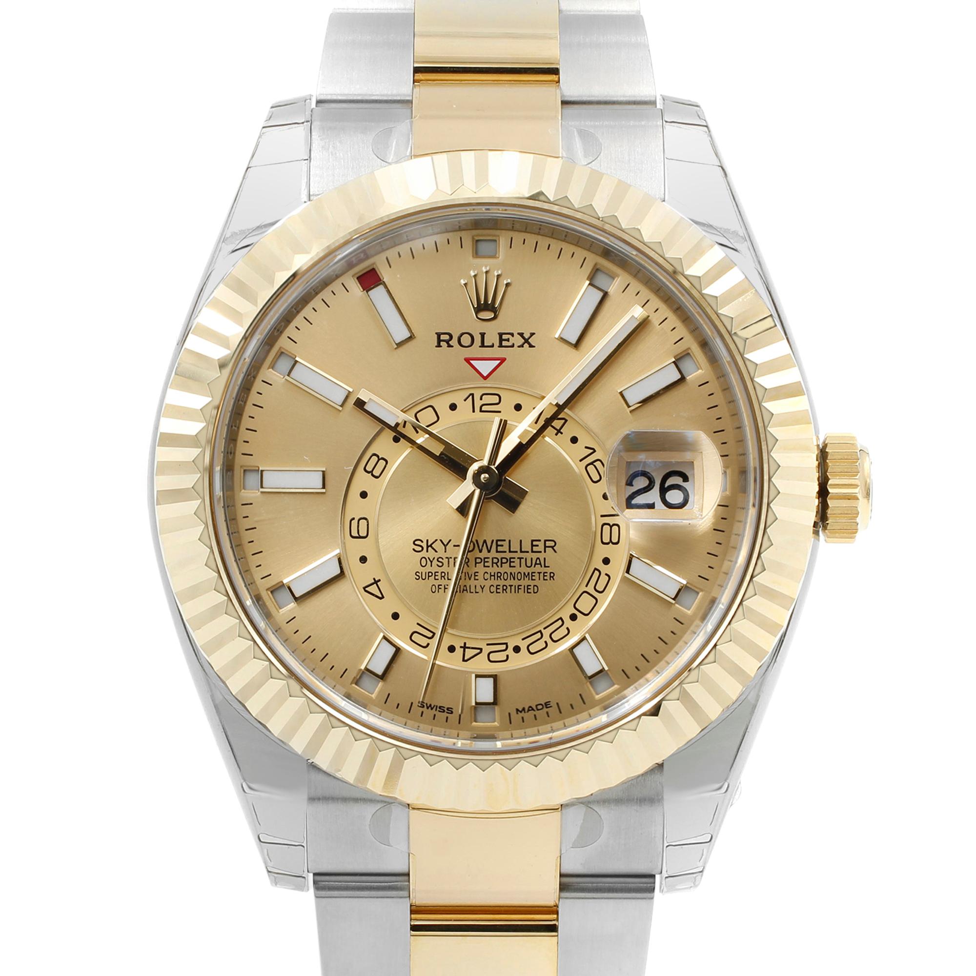 This brand new Rolex Sky-Dweller 326933  is a beautiful men's timepiece that is powered by an automatic movement which is cased in a stainless steel case. It has a round shape face, date, dual time dial and has hand sticks style markers. It is