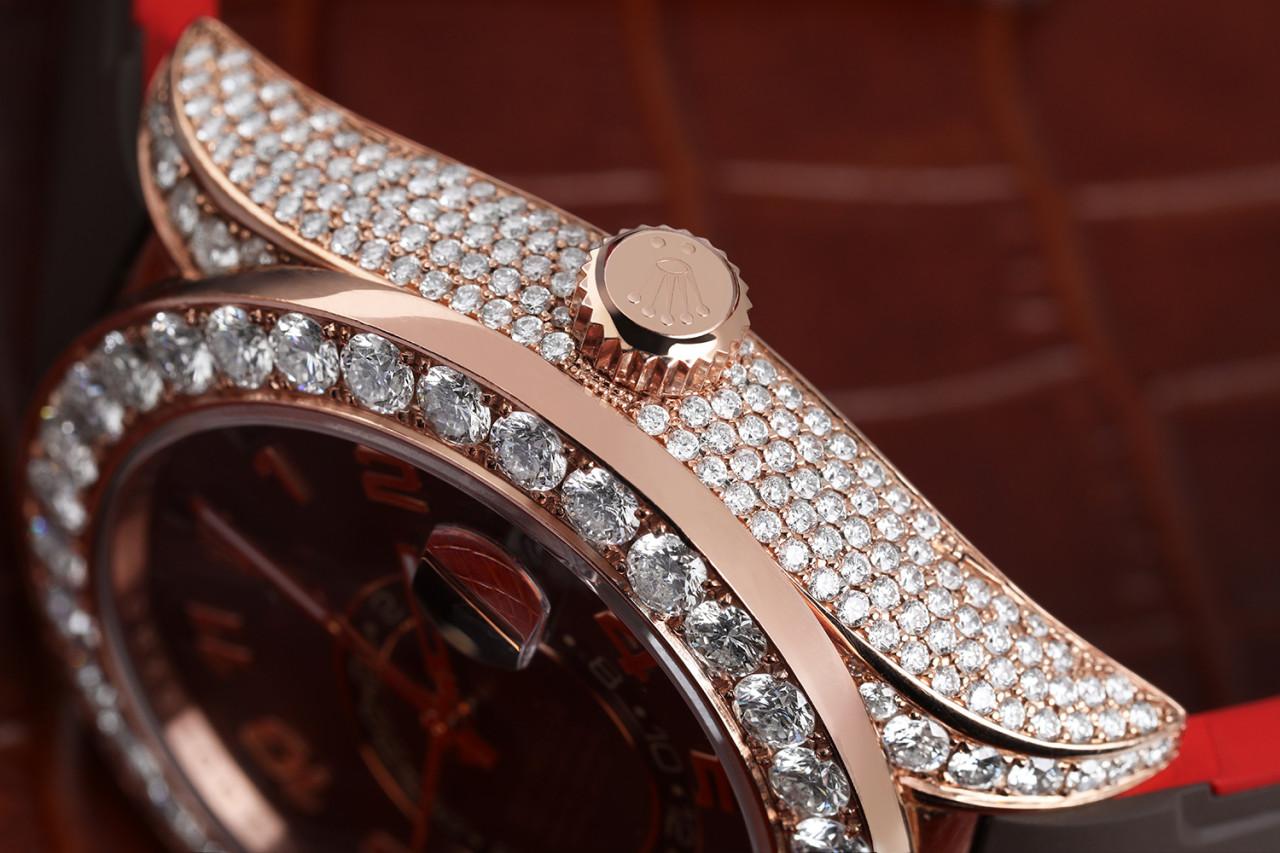 Rolex Sky Dweller 18Kt Rose Gold Custom Diamond Watch with Chocolate Arabic Dial Rubber Strap 326135
This watch comes with a LIFETIME diamond replacement warranty. We are so confident in our diamonds setters that if any of the individual diamonds