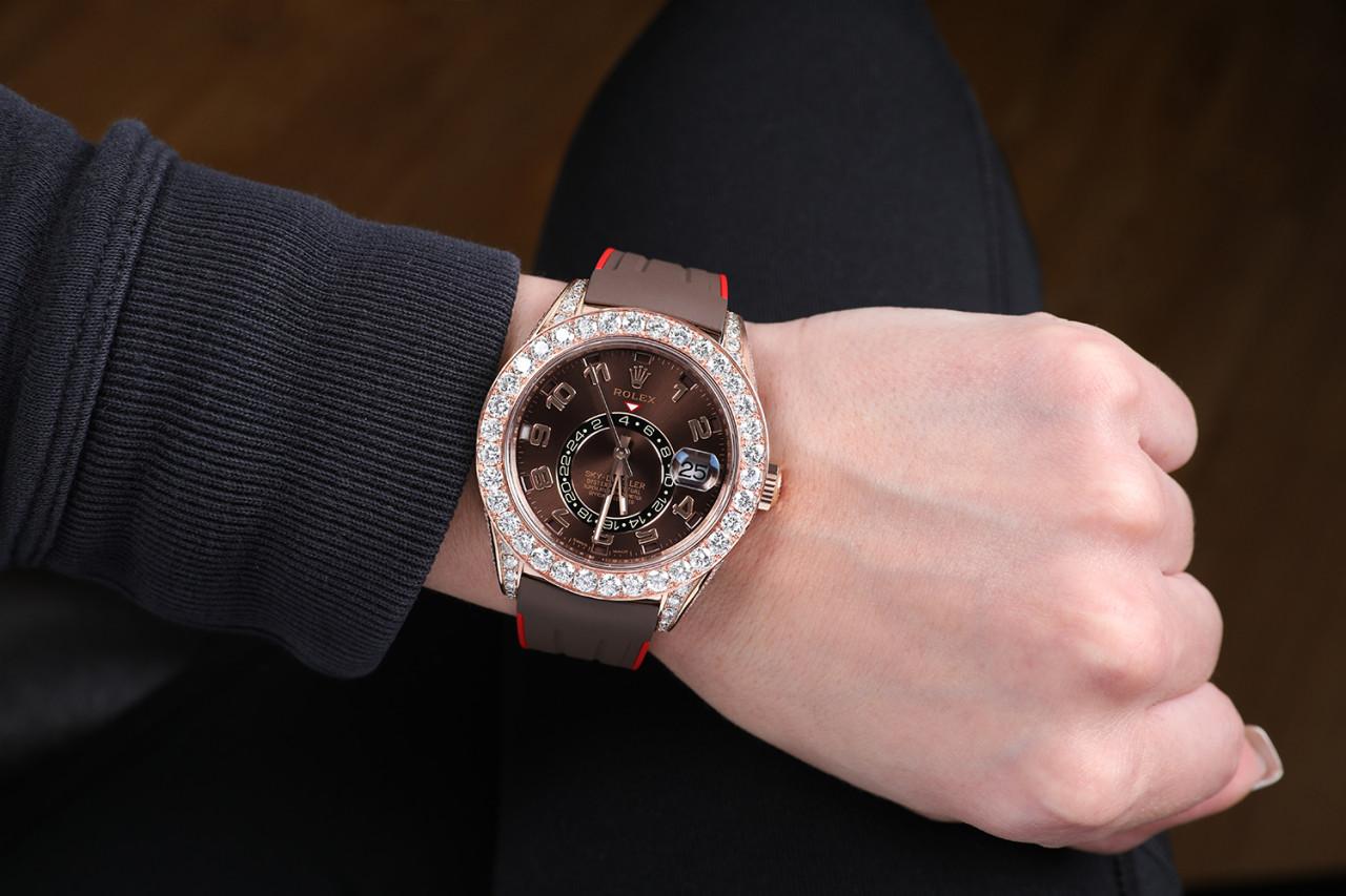 Round Cut Rolex Sky Dweller Custom Diamond Watch Rose Gold Chocolate Arabic Dial 326135 For Sale