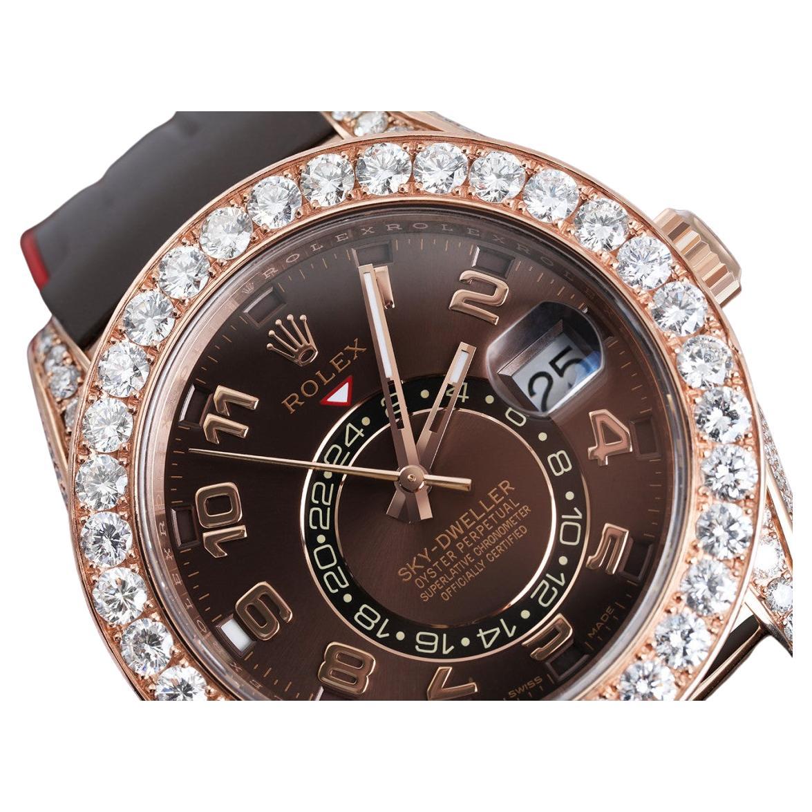 Rolex Sky Dweller Custom Diamond Watch Rose Gold Chocolate Arabic Dial 326135