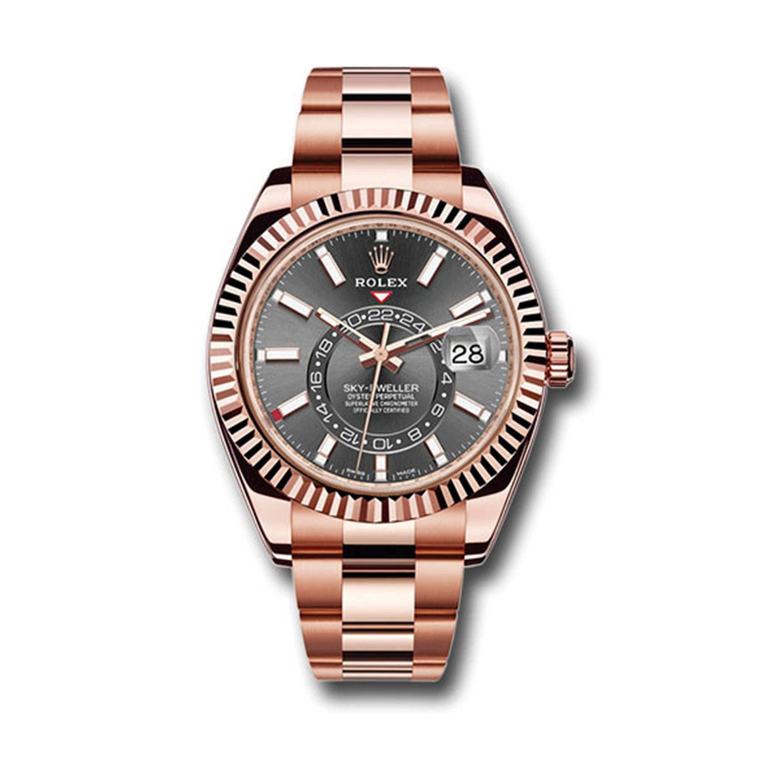 This brand new Rolex Sky Dweller 326935 dkr is a beautiful men's timepiece that is powered by an automatic movement which is cased in a rose gold case. It has a round shape face, date, gold case dial and has hand sticks style markers. It is