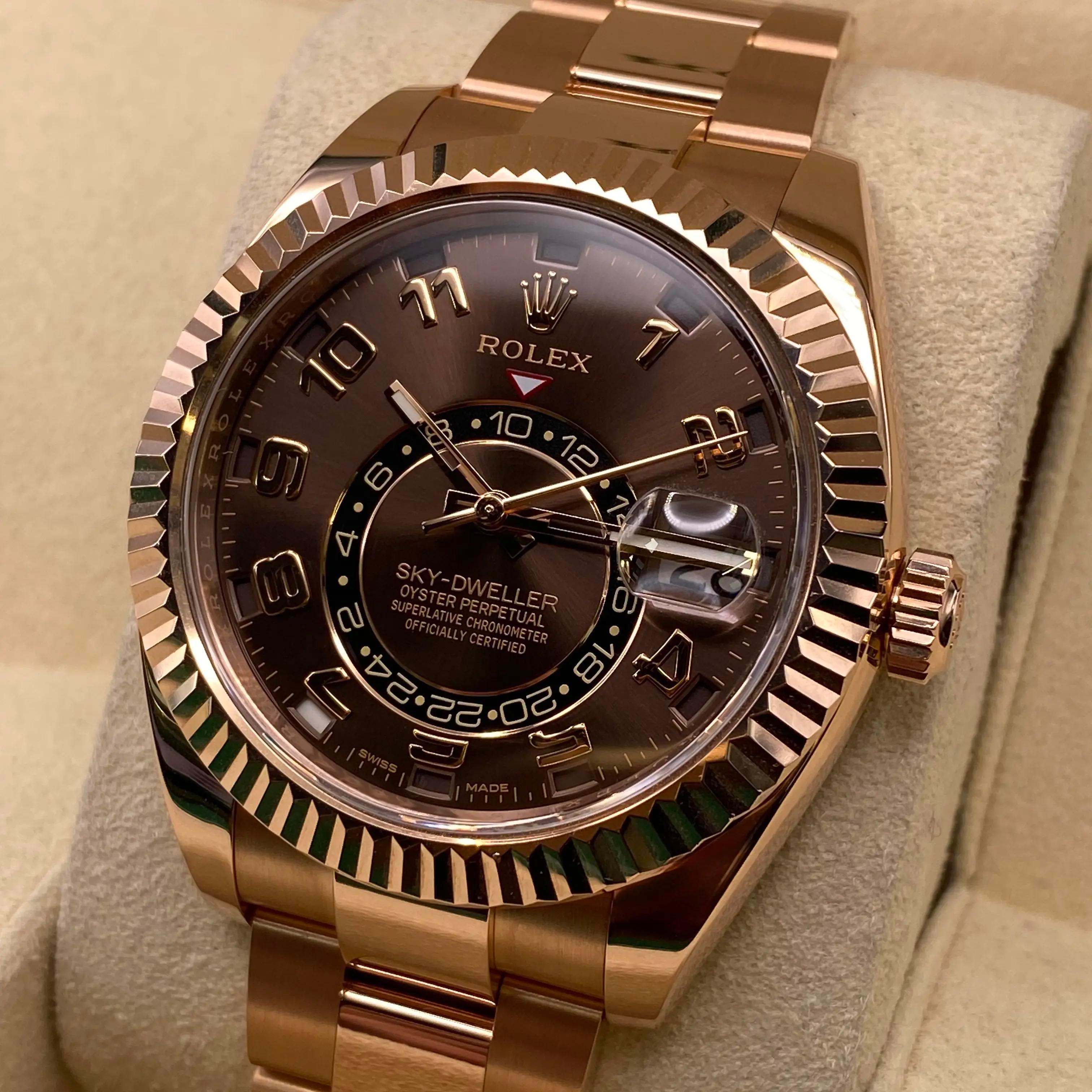 Rolex Sky-Dweller Everose Gold Schokoladen-Zifferblatt Automatikuhr B&P 326935 im Zustand „Hervorragend“ im Angebot in New York, NY