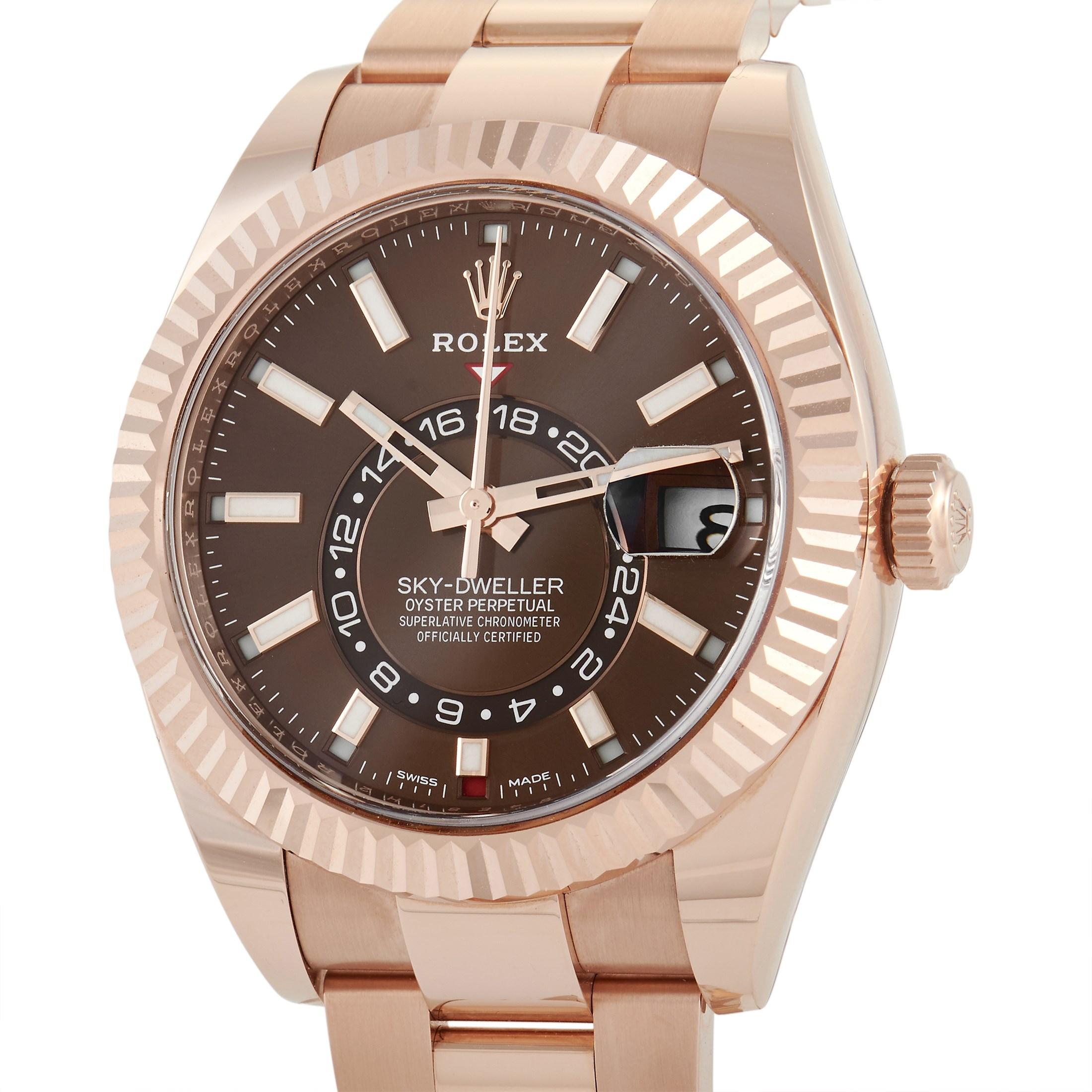 This Rolex Sky Dweller Everose Gold Chocolate Dial Men's Watch 326935 will easily become your favorite travel buddy. It's the ultimate travel watch with its annual calendar module and dual time zone. Plus, it's equipped with the Ring Command that