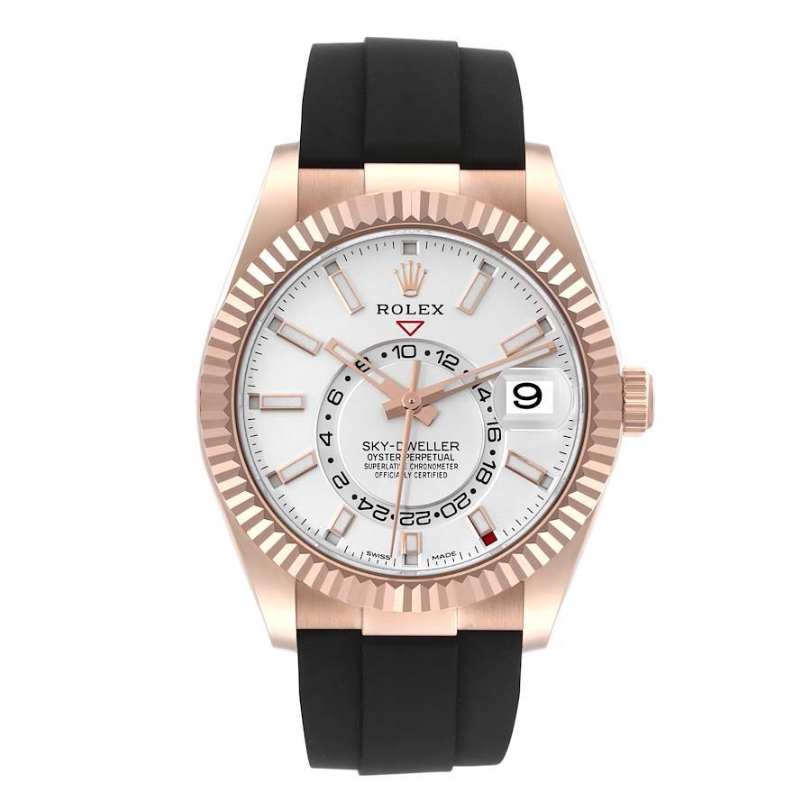 Rolex Sky-Dweller Everose Gold Silver Dial Oysterflex Mens Watch 326235 Unworn. Officially certified chronometer self-winding movement. Dual time zones, annual calendar. Paramagnetic blue Parachrom hairspring. High-performance Paraflex shock