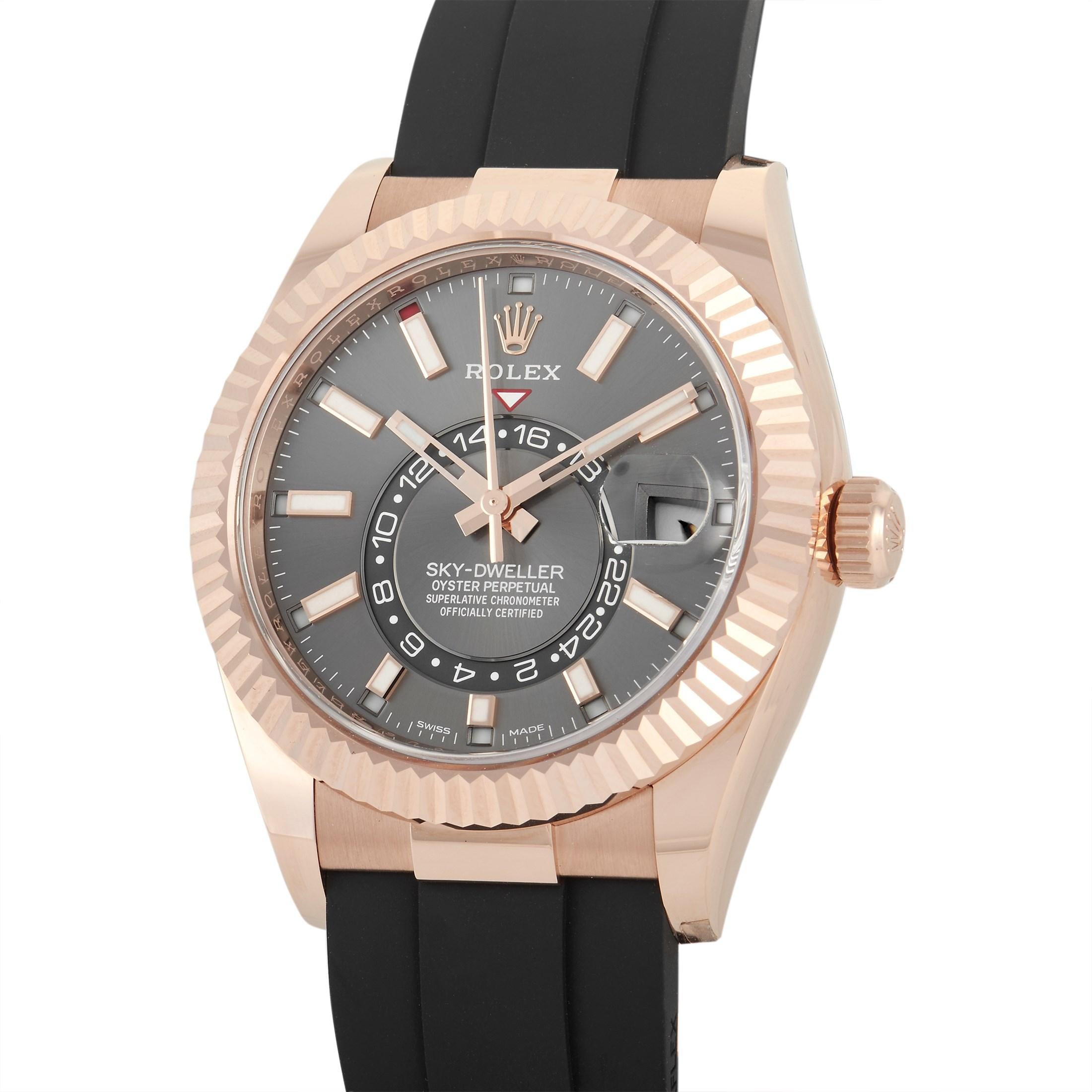 The Rolex Sky-Dweller Watch, reference number 326235-0006, is a timepiece that will continually impress.

Originally designed for pilots traversing time zones, this impressive timepiece features a 42mm case and fluted bidirectional rotating bezel