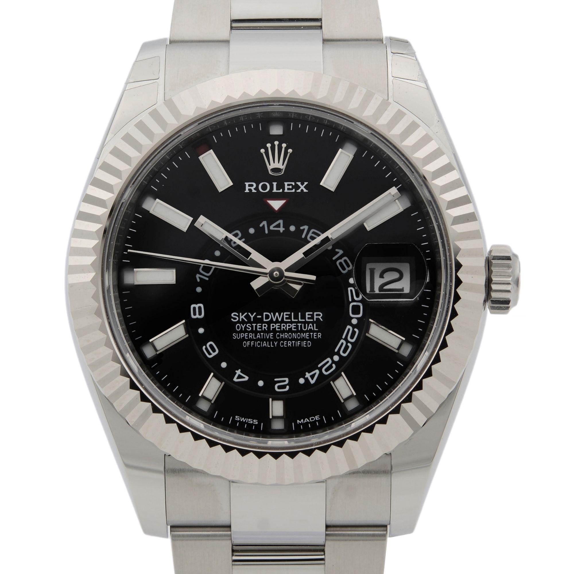 This brand new Rolex Sky-Dweller 326934 is a beautiful men's timepiece that is powered by mechanical (automatic) movement which is cased in a stainless steel case. It has a round shape face, gmt, date indicator dial and has hand sticks style