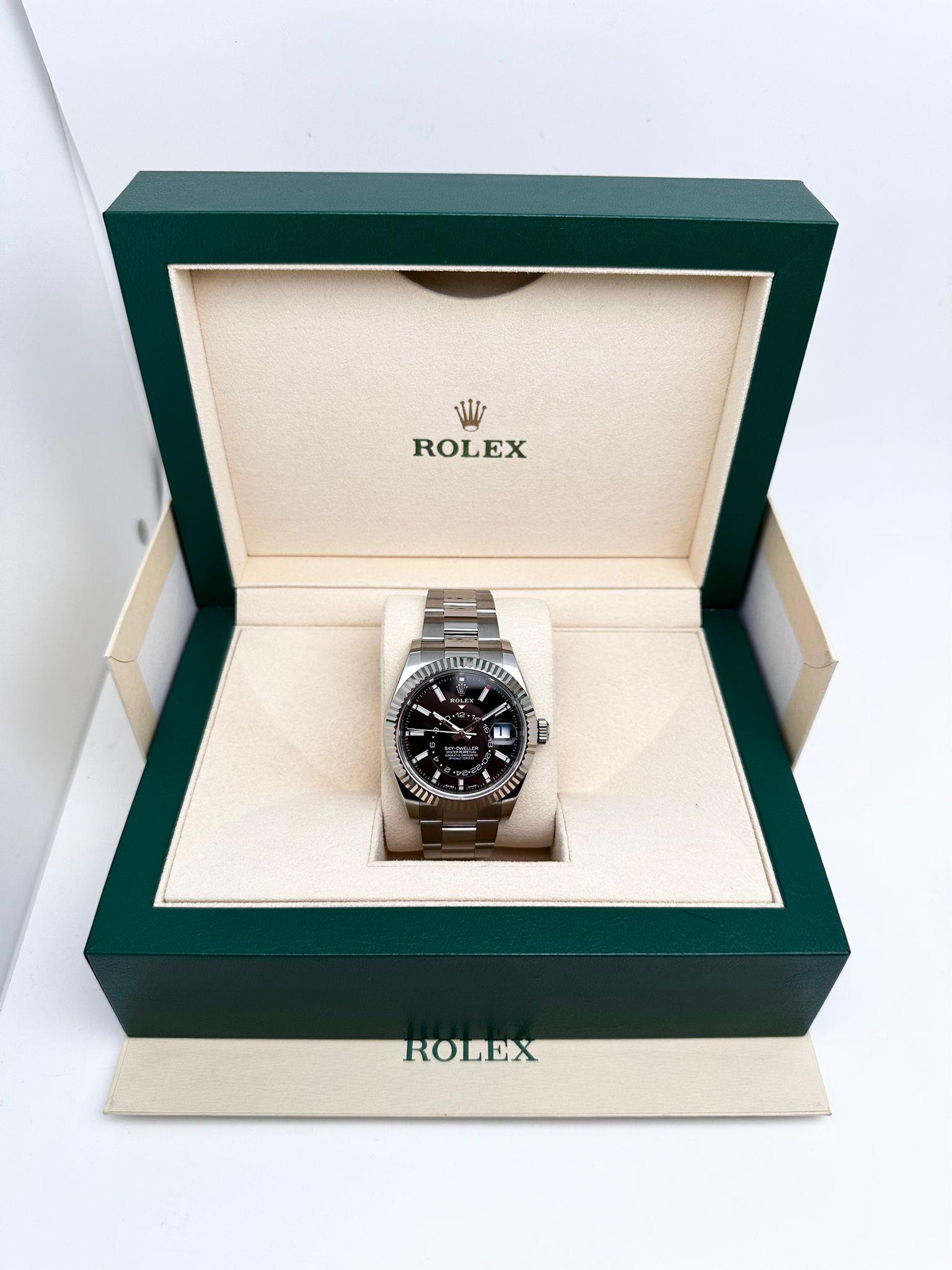 Rolex Sky-Dweller Gold Steel Black Dial Oyster Band Automatic Men's Watch 326934 In Excellent Condition For Sale In New York, NY