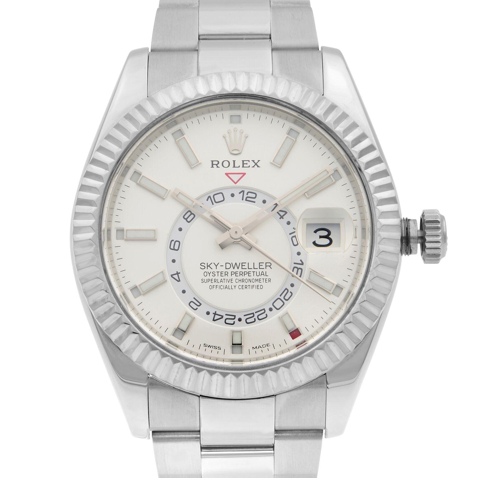 This pre-owned Rolex Sky-Dweller 326934WSO is a beautiful men's timepiece that is powered by a mechanical (automatic) movement which is cased in a stainless steel case. It has a round shape face, day indicator, GMT dial, and has hand sticks style