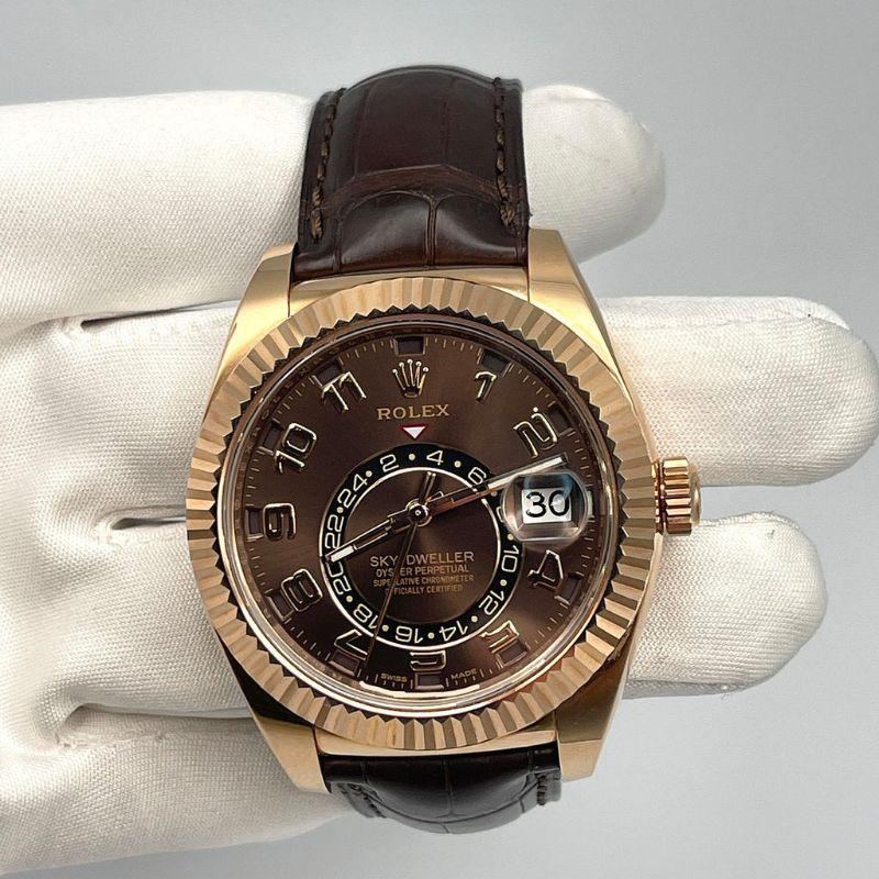 Rolex Sky-Dweller Rose Gold Chocolate Dial Leather Strap 326135 In Excellent Condition In New York, NY