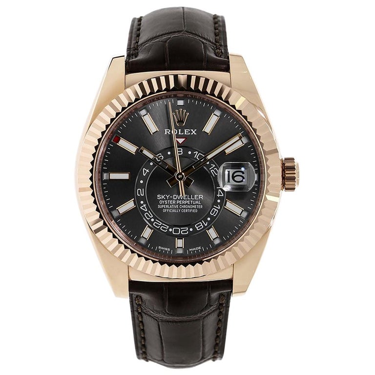 Rolex SkyDweller Rose Gold Rhodium Dial Leather Strap Watch 326135 For