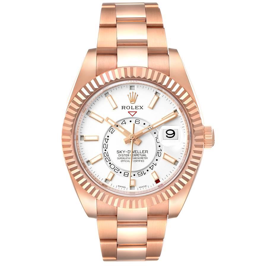 Rolex Sky-Dweller Rose Gold White Dial Mens Watch 326935 Box Card. Officially certified chronometer self-winding movement. Dual time zones, annual calendar. Paramagnetic blue Parachrom hairspring. High-performance Paraflex shock absorbers. 18k rose