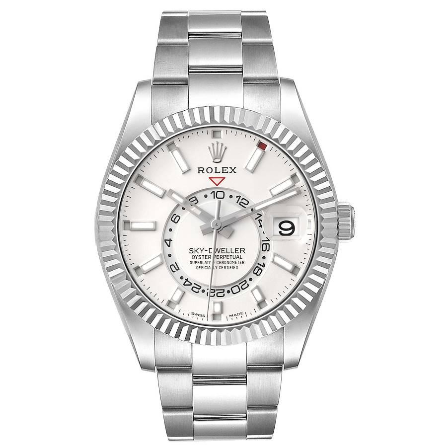 Rolex Sky-Dweller Silver Dial Steel White Gold Mens Watch 326934 Box Card. Officially certified chronometer self-winding movement. Dual time zones, annual calendar. Paramagnetic blue Parachrom hairspring. High-performance Paraflex shock absorbers.