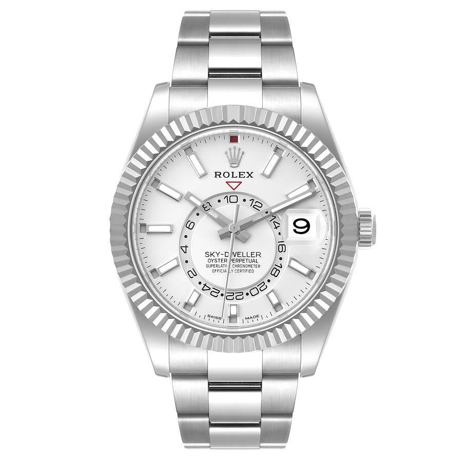 Rolex Sky-Dweller Silver Dial Steel White Gold Mens Watch 326934 Unworn. Officially certified chronometer self-winding movement. Dual time zones, annual calendar. Paramagnetic blue Parachrom hairspring. High-performance Paraflex shock absorbers.