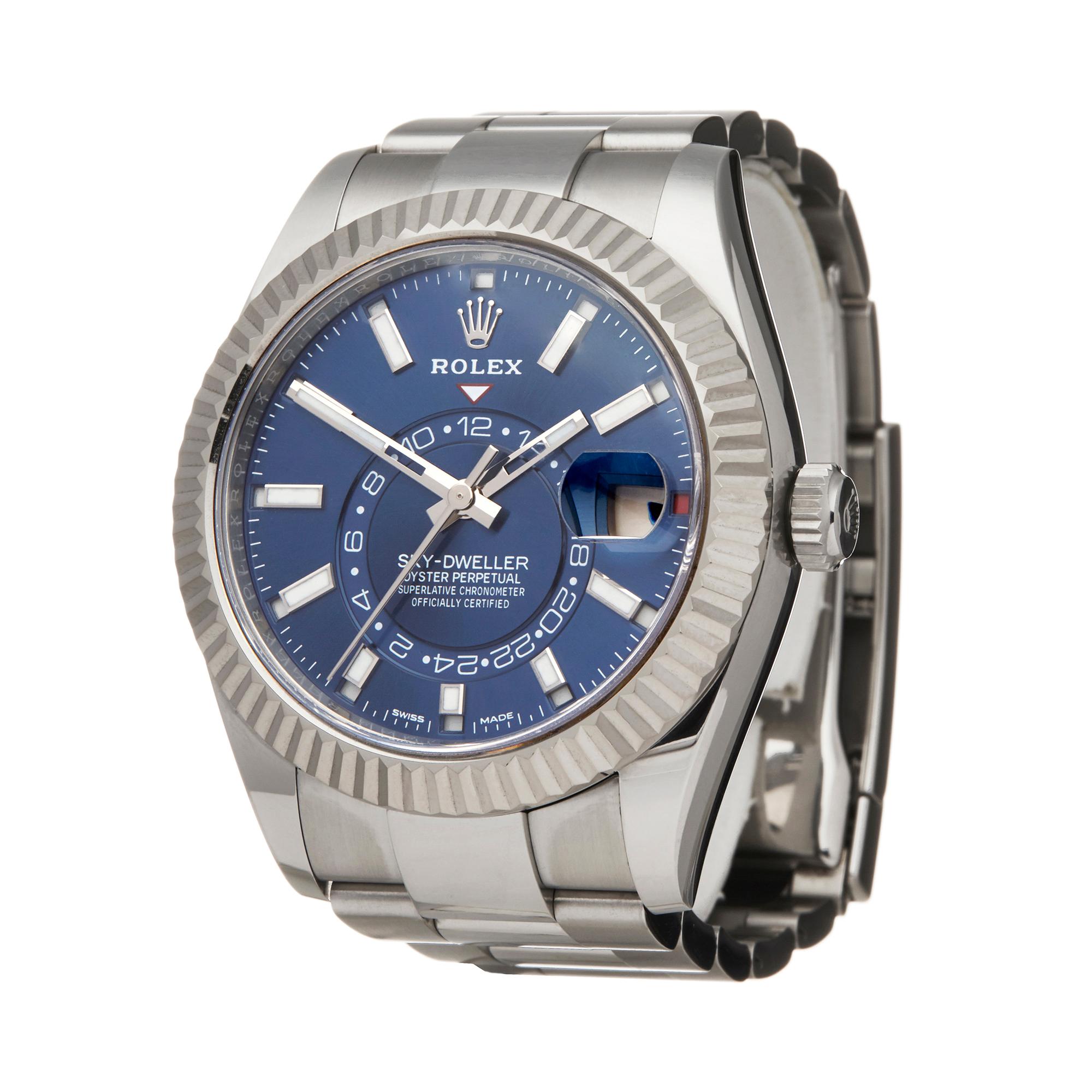 Reference: W5942
Manufacturer: Rolex
Model: Sky Dweller
Model Reference: 326934
Age: 19th March 2018
Gender: Men's
Box and Papers: Box and Guarantee Only
Dial: Blue Baton
Glass: Sapphire Crystal
Movement: Automatic
Water Resistance: To Manufacturers