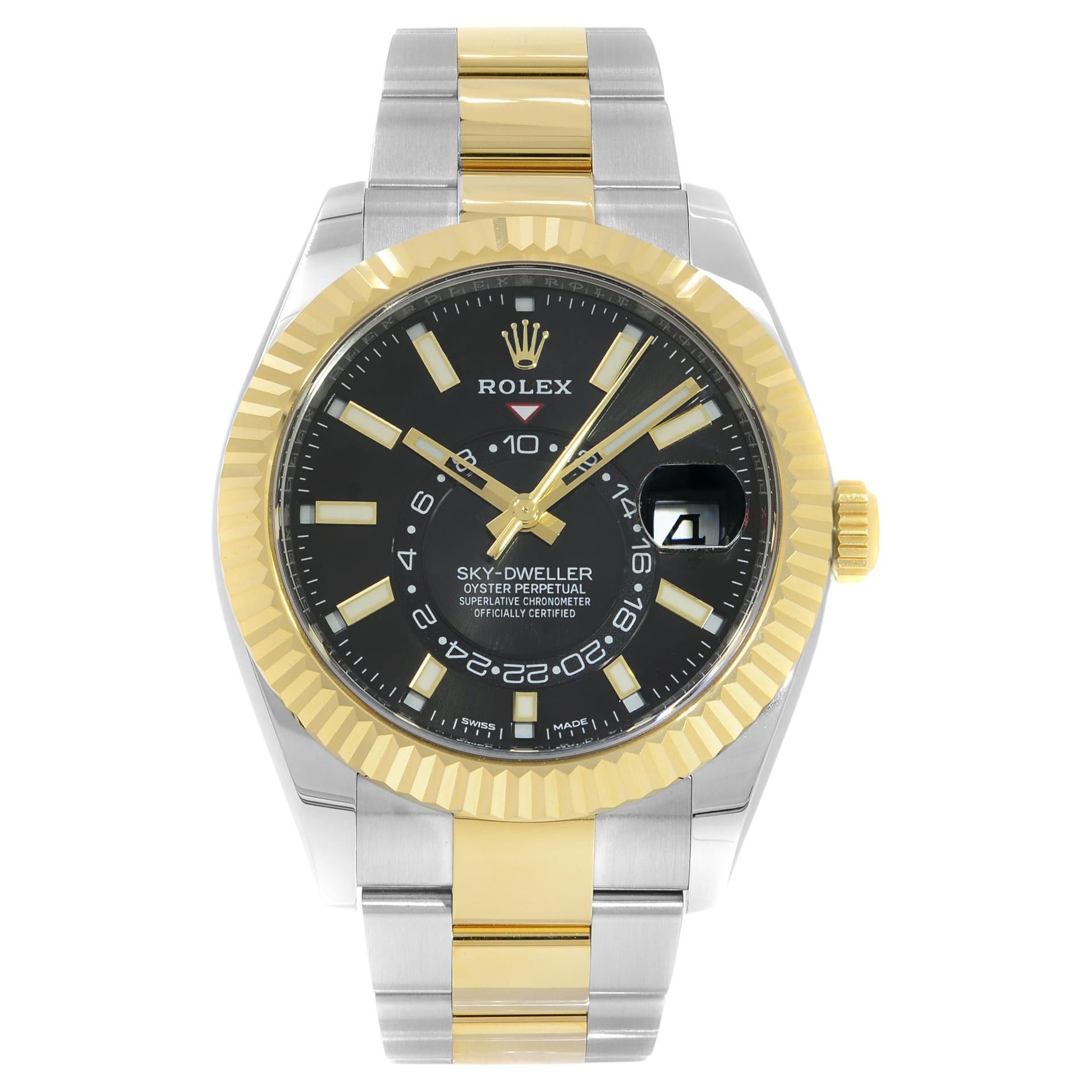 Rolex Montre pour homme Sky-Dweller automatique BlacK en acier et or jaune 18 carats avec cadran et cadran, 326933