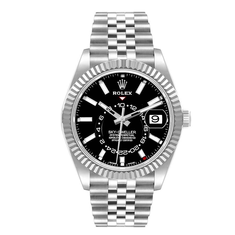 Rolex Sky-Dweller Steel White Gold Black Dial Mens Watch 326934 Box Card. Officially certified chronometer self-winding movement. Dual time zones, annual calendar. Paramagnetic blue Parachrom hairspring. High-performance Paraflex shock absorbers.