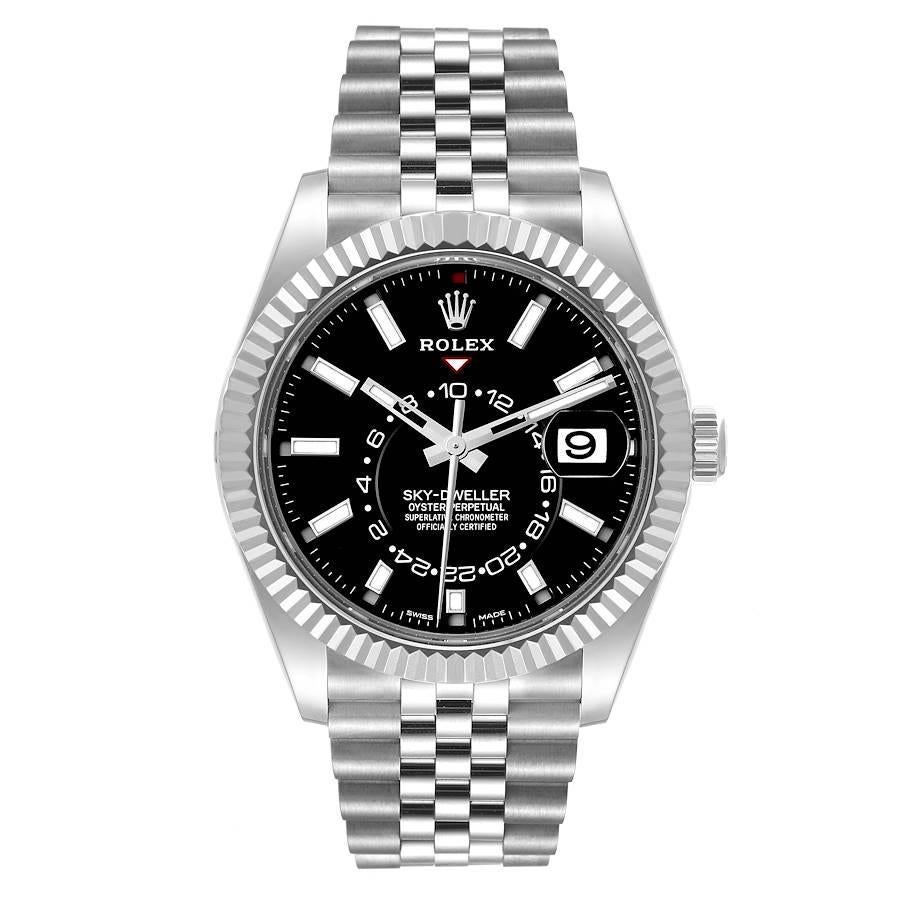 Rolex Sky-Dweller Steel White Gold Black Dial Mens Watch 326934 Unworn. Officially certified chronometer self-winding movement. Dual time zones, annual calendar. Paramagnetic blue Parachrom hairspring. High-performance Paraflex shock absorbers.