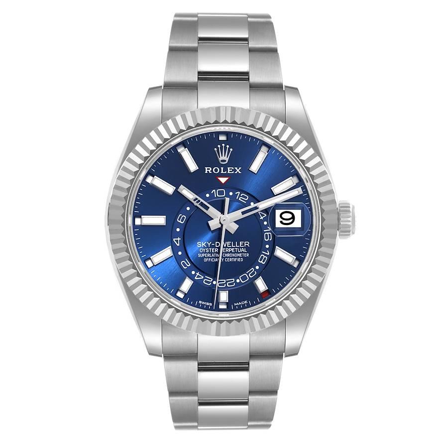 Rolex Sky-Dweller Steel White Gold Blue Dial Mens Watch 326934 Unworn. Officially certified chronometer self-winding movement. Dual time zones, annual calendar. Paramagnetic blue Parachrom hairspring. High-performance Paraflex shock absorbers.
