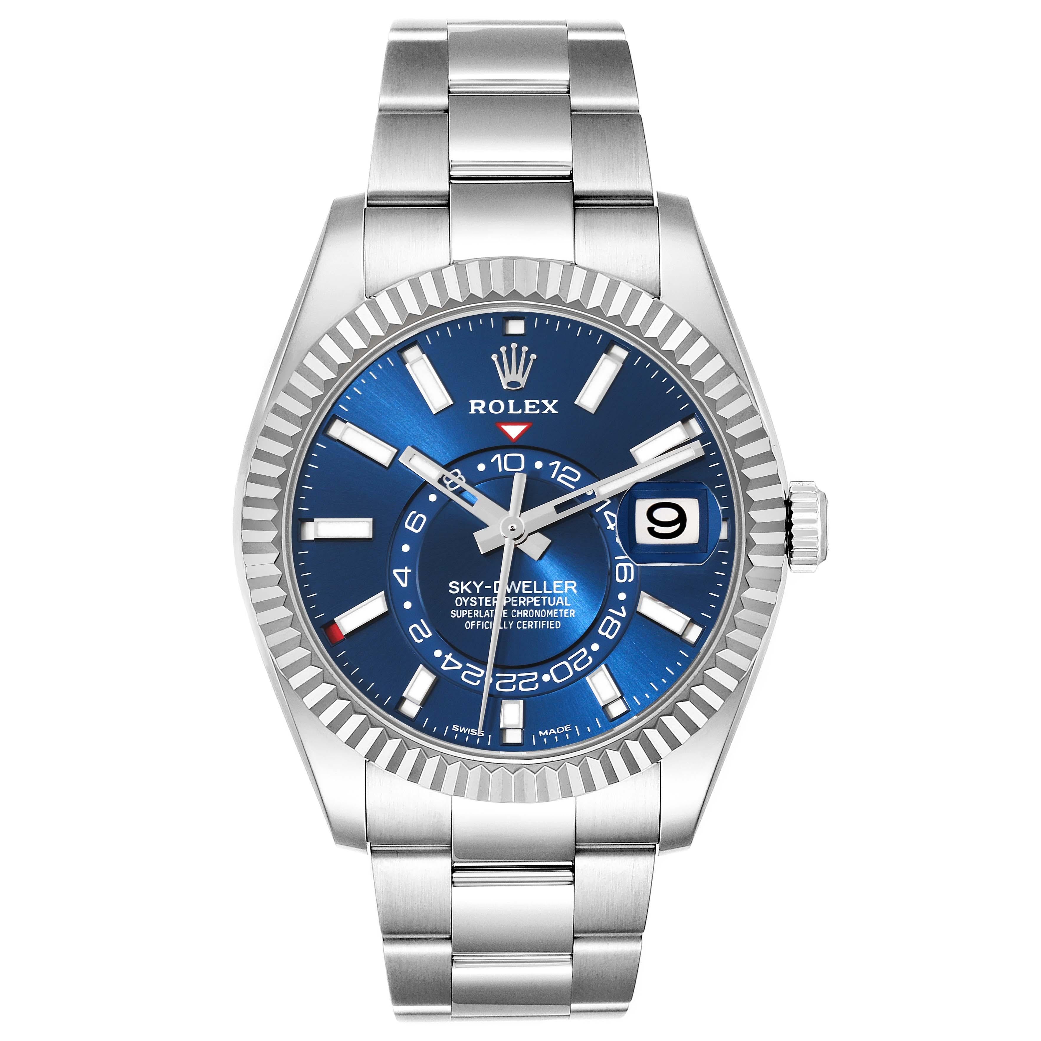 Rolex Sky-Dweller Steel White Gold Blue Dial Mens Watch 326934 Unworn. Officially certified chronometer self-winding movement. Dual time zones, annual calendar. Paramagnetic blue Parachrom hairspring. High-performance Paraflex shock absorbers.