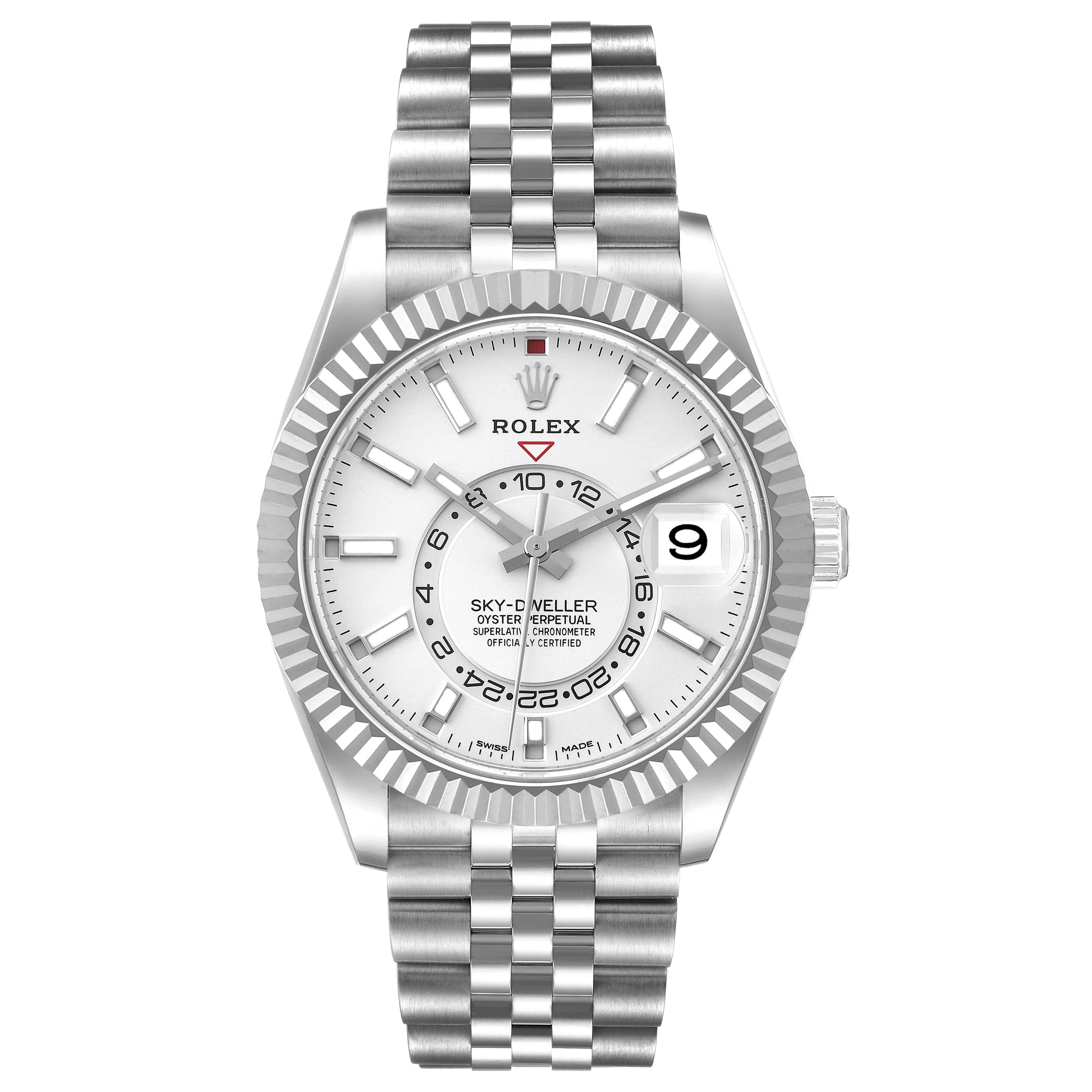 Rolex Sky-Dweller Steel White Gold Mens Watch 326934 Unworn. Officially certified chronometer self-winding movement. Dual time zones, annual calendar. Paramagnetic blue Parachrom hairspring. High-performance Paraflex shock absorbers. Stainless steel