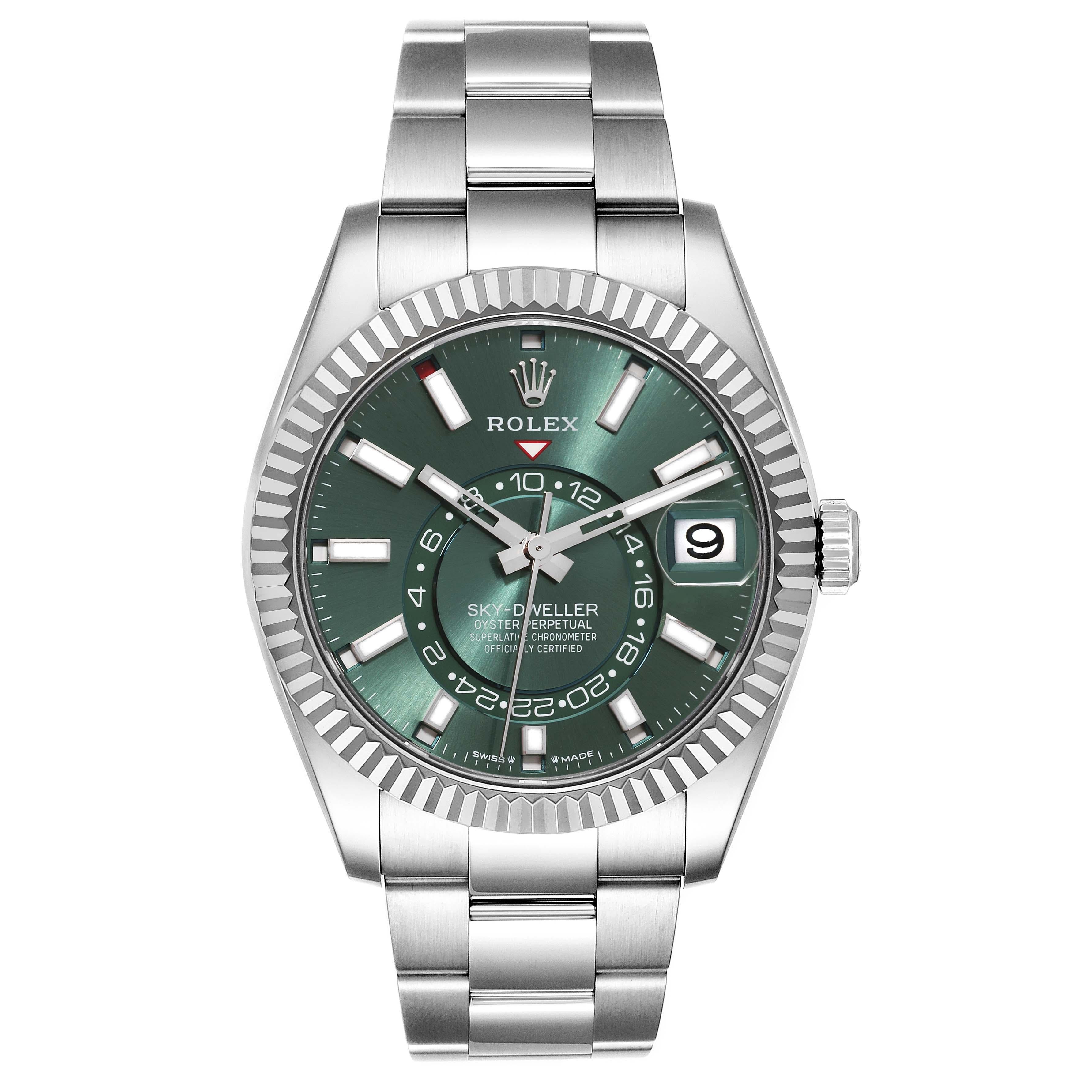 Rolex Sky-Dweller Steel White Gold Mint Green Dial Mens Watch 336934 Unworn. Automatic self-winding movement. Dual time zones, annual calendar. Paramagnetic blue Parachrom hairspring. High-performance Paraflex shock absorbers. Stainless steel case