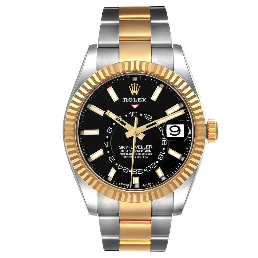 Rolex Sky Dweller Steel Yellow Gold Black Dial Mens Watch 326933 Box Card. Officially certified chronometer automatic self-winding movement. Dual time zones, annual calendar. Paramagnetic blue Parachrom hairspring. High-performance Paraflex shock