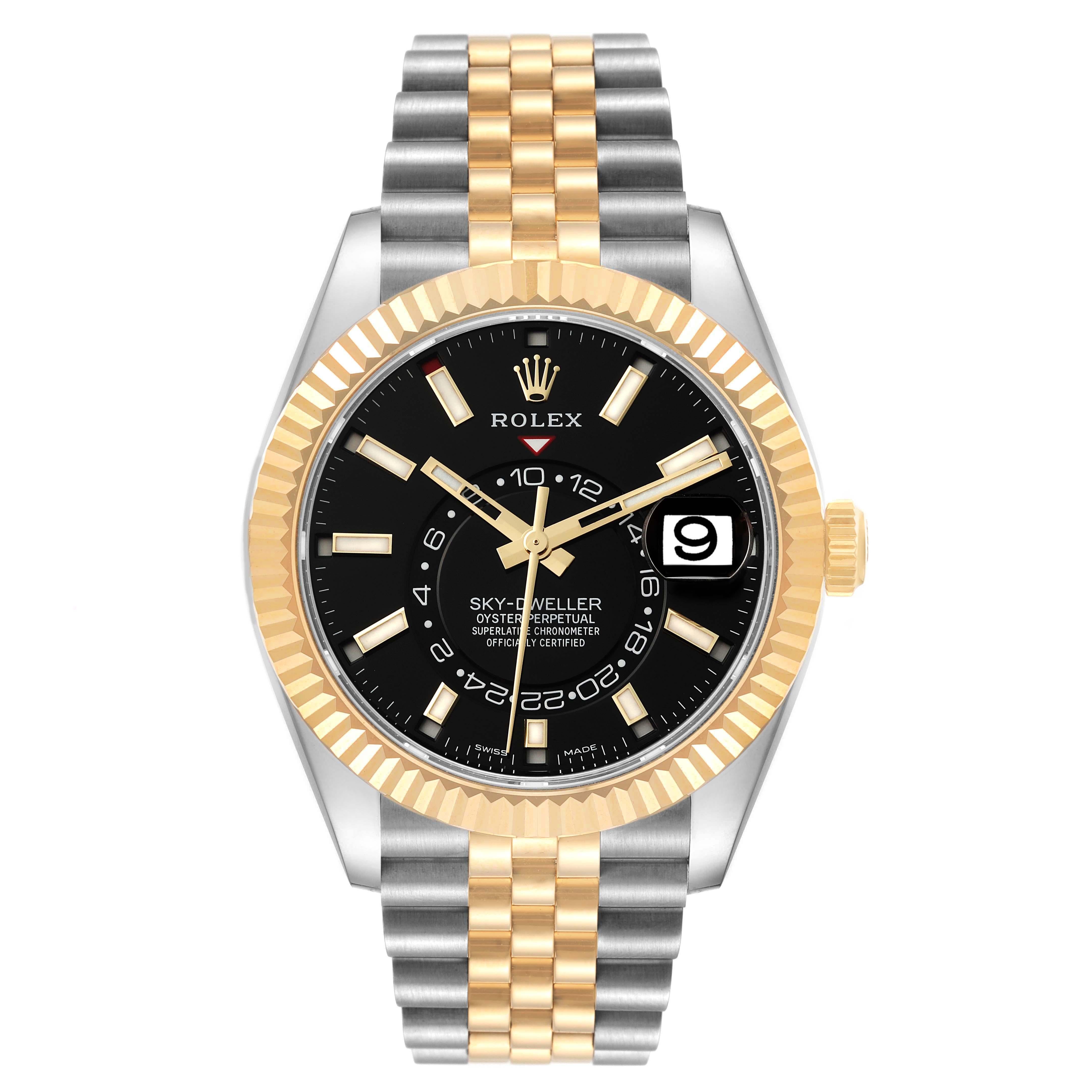 Rolex Sky Dweller Steel Yellow Gold Black Dial Mens Watch 326933 Box Card. Officially certified chronometer automatic self-winding movement. Dual time zones, annual calendar. Paramagnetic blue Parachrom hairspring. High-performance Paraflex shock