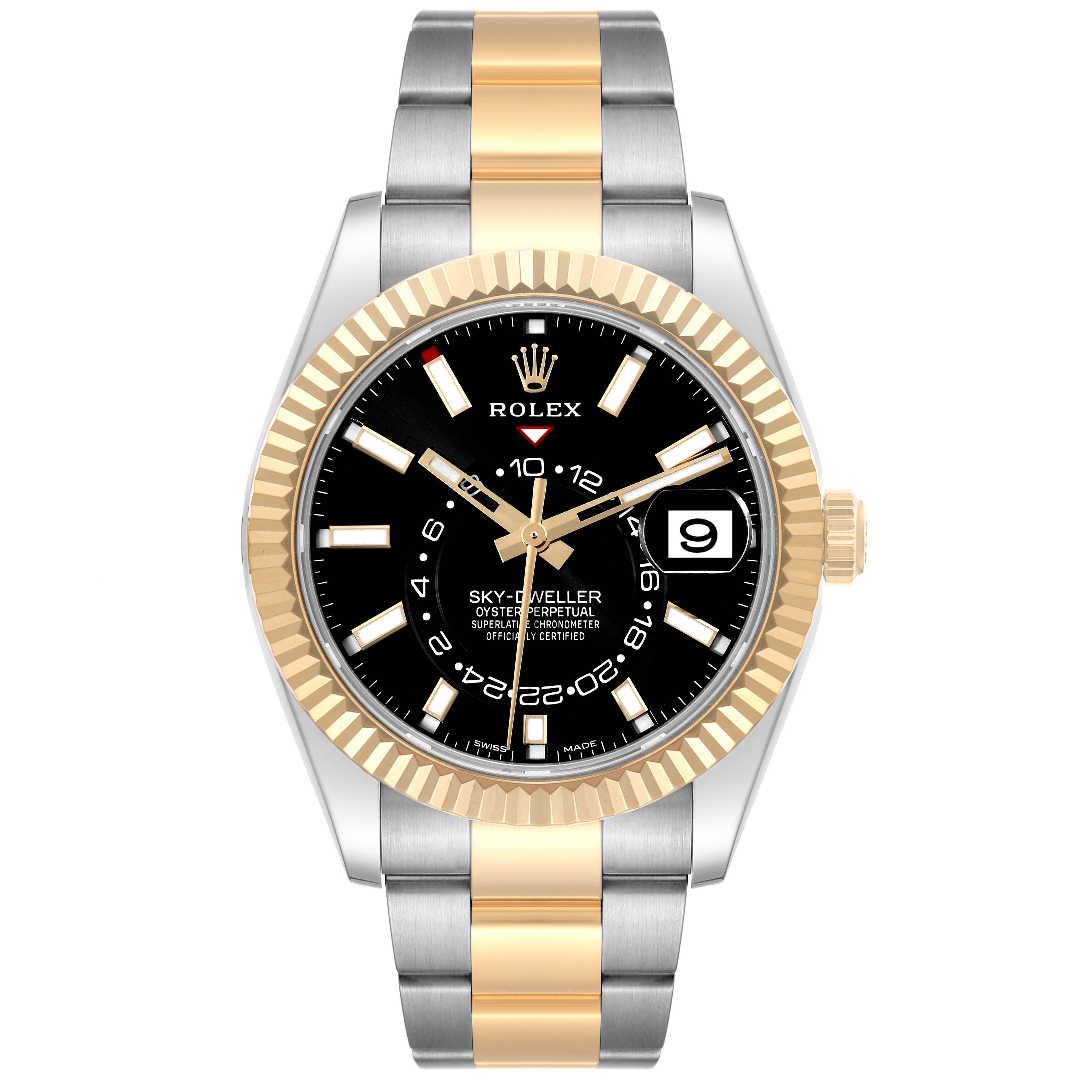 Rolex Sky Dweller Steel Yellow Gold Black Dial Mens Watch 326933 Unworn. Officially certified chronometer automatic self-winding movement. Dual time zones, annual calendar. Paramagnetic blue Parachrom hairspring. High-performance Paraflex shock