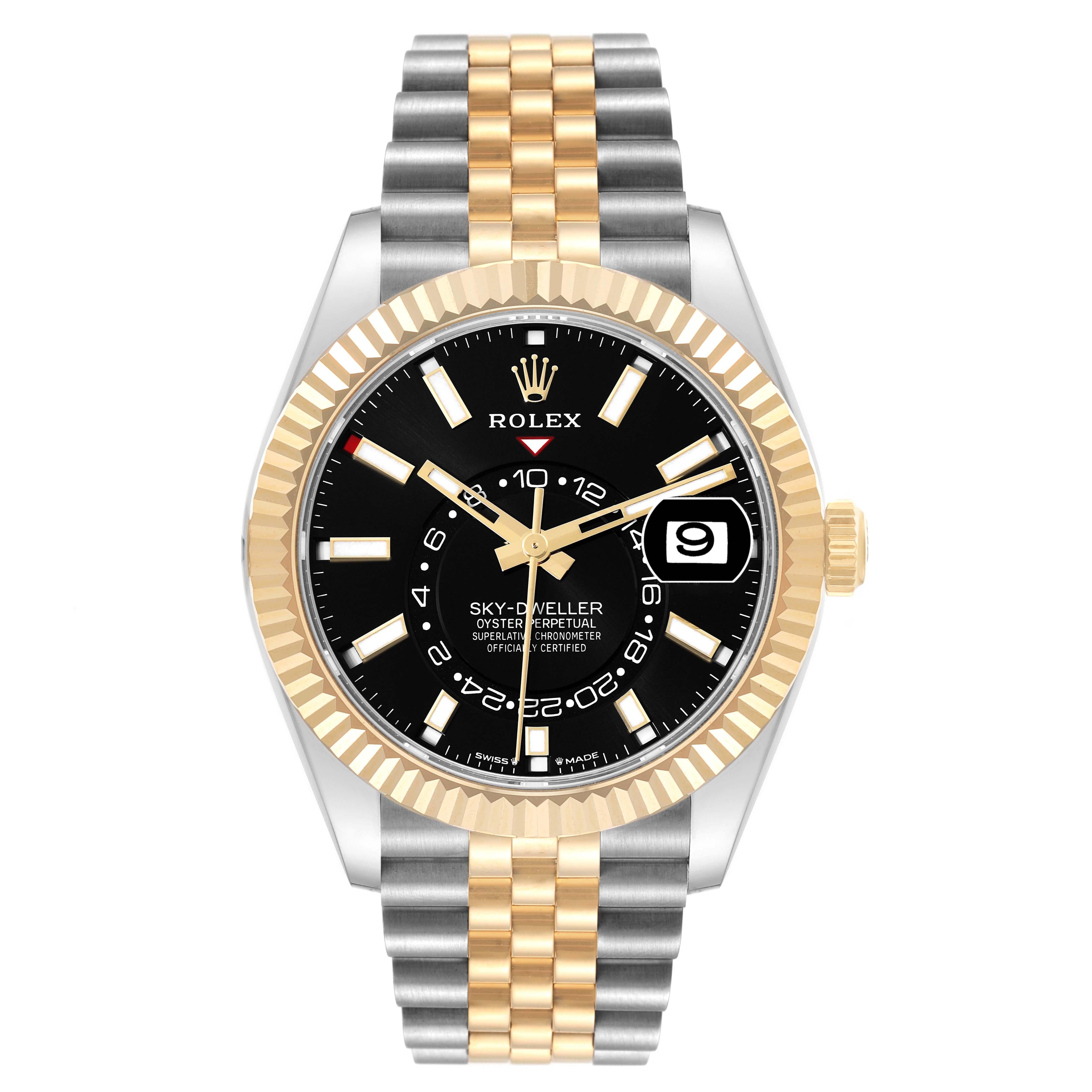 Rolex Sky Dweller Steel Yellow Gold Black Dial Mens Watch 336933 Unworn. Officially certified chronometer automatic self-winding movement. Dual time zones, annual calendar. Paramagnetic blue Parachrom hairspring. High-performance Paraflex shock