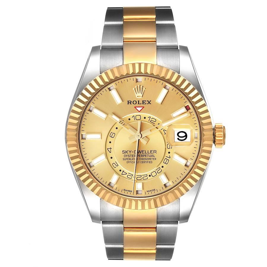 Rolex Sky Dweller Steel Yellow Gold Champagne Dial Mens Watch 326933 Box Card. Officially certified chronometer self-winding movement. Dual time zones, annual calendar. Paramagnetic blue Parachrom hairspring. High-performance Paraflex shock