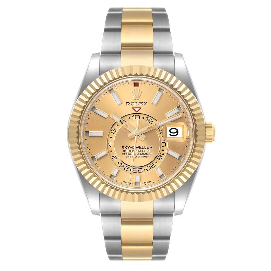 Rolex Sky Dweller Steel Yellow Gold Champagne Dial Mens Watch 326933 Unworn. Officially certified chronometer self-winding movement. Dual time zones, annual calendar. Paramagnetic blue Parachrom hairspring. High-performance Paraflex shock absorbers.