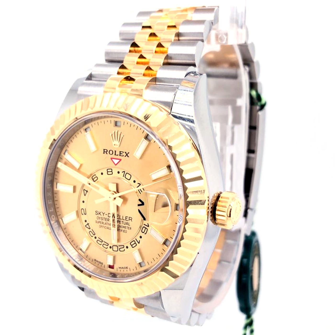 Rolex Sky-Dweller 42mm yellow Rolesor case comprised of a 904L steel monobloc middle case, screw-down back, screw-down crown, 18K yellow gold fluted bezel with bidirectional rotatable Rolex Ring Command, scratch-resistant sapphire crystal with