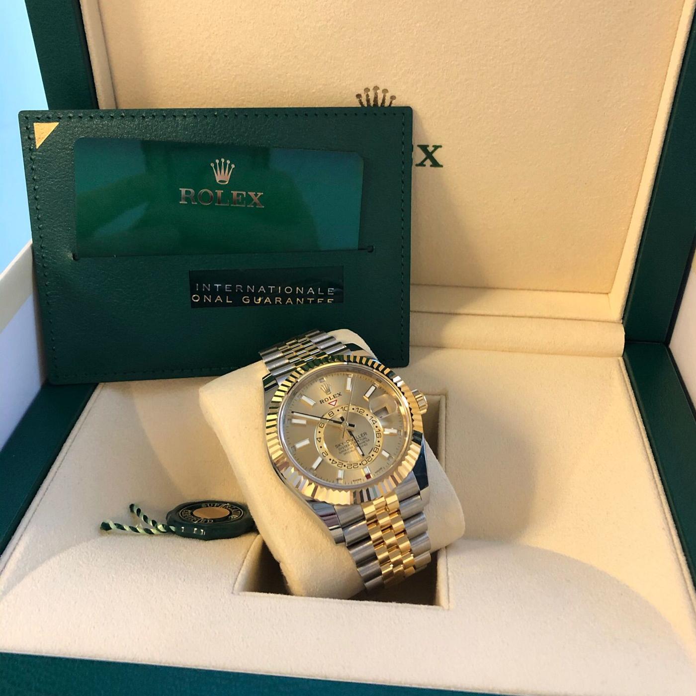 Rolex Sky-Dweller Two-Tone Stainless Steel Yellow Gold Champagne Dial 326933 In Excellent Condition In Aventura, FL
