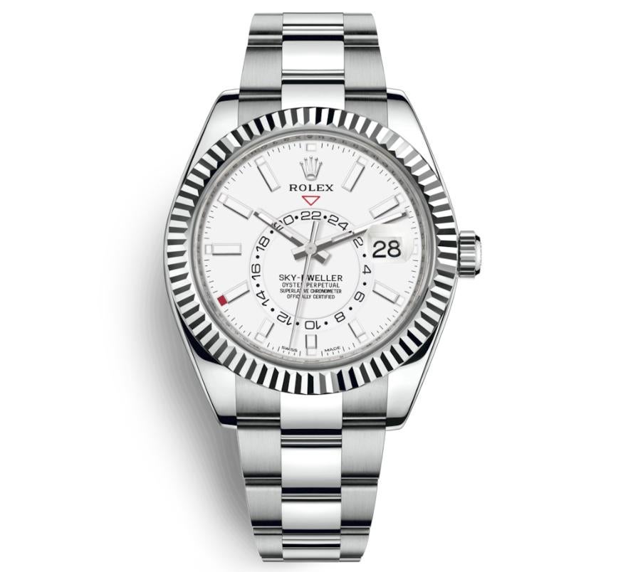 This brand new Rolex Sky-Dweller 326934WSO is a beautiful men's timepiece that is powered by an automatic movement which is cased in a stainless steel case. It has a round shape face, date dial and has hand sticks style markers. It is completed with
