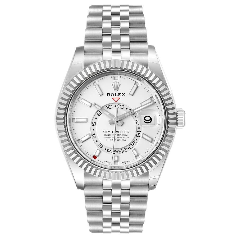 Rolex Sky-Dweller White Dial Steel White Gold Mens Watch 326934 Unworn. Officially certified chronometer self-winding movement. Dual time zones, annual calendar. Paramagnetic blue Parachrom hairspring. High-performance Paraflex shock absorbers.